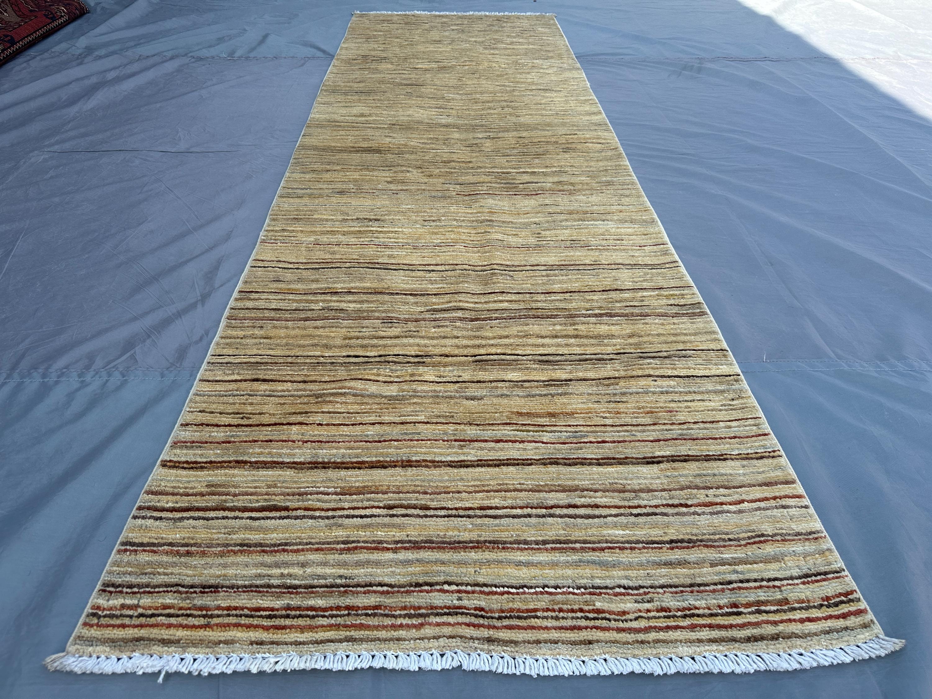 Modern Afghan Oushak Runner 3x8 Handmade Gabbeh Berber Rug | Wool Hallway Carpet | Minimalist Beige Striped Ru
