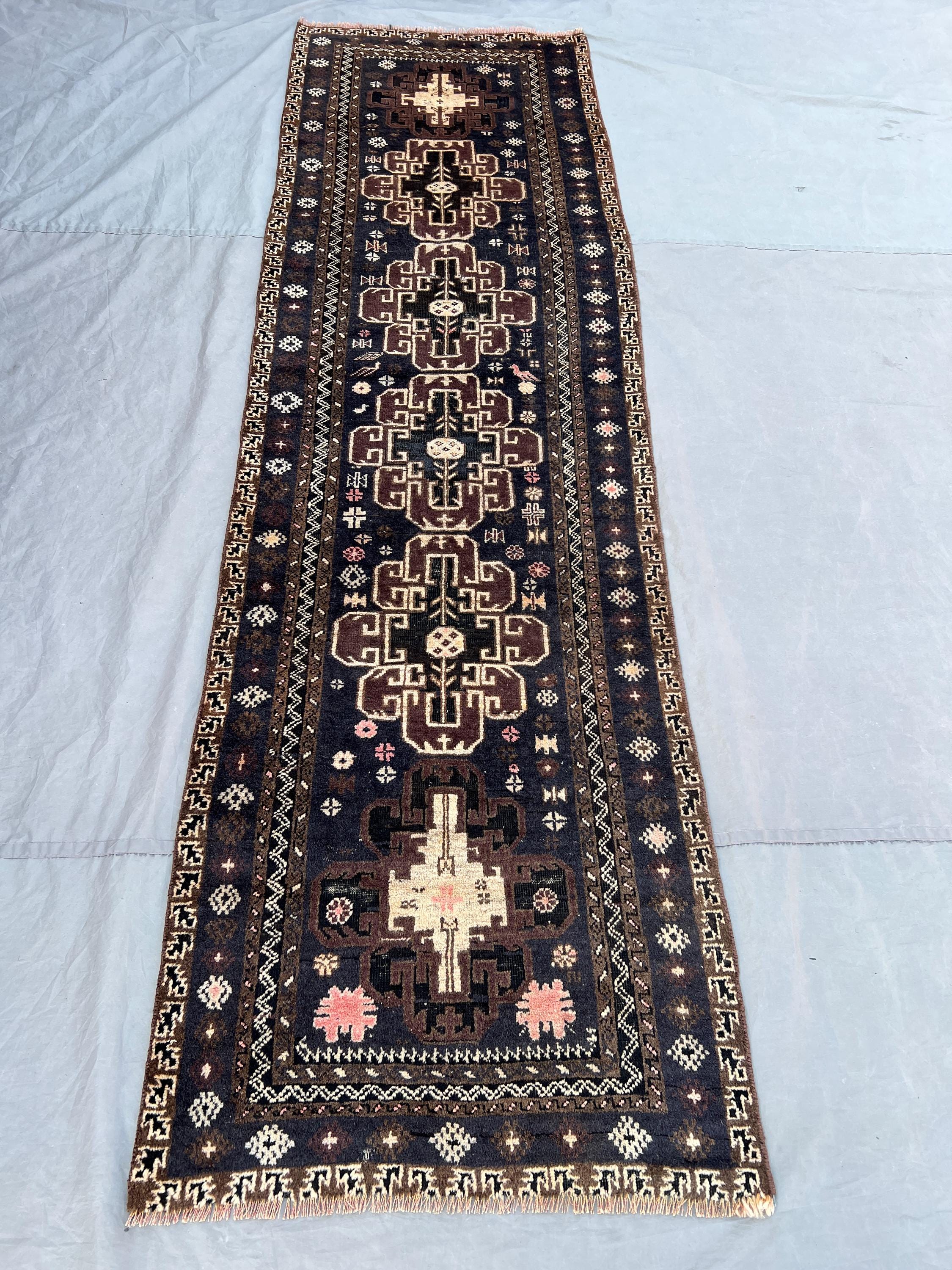 2'8x9'2 Vintage Afghan Baluchi Handknotted Medium Pile Runner Rug, Repeating Herati Rosette Dark Navy Brown Wool | Hallway Boho Decor