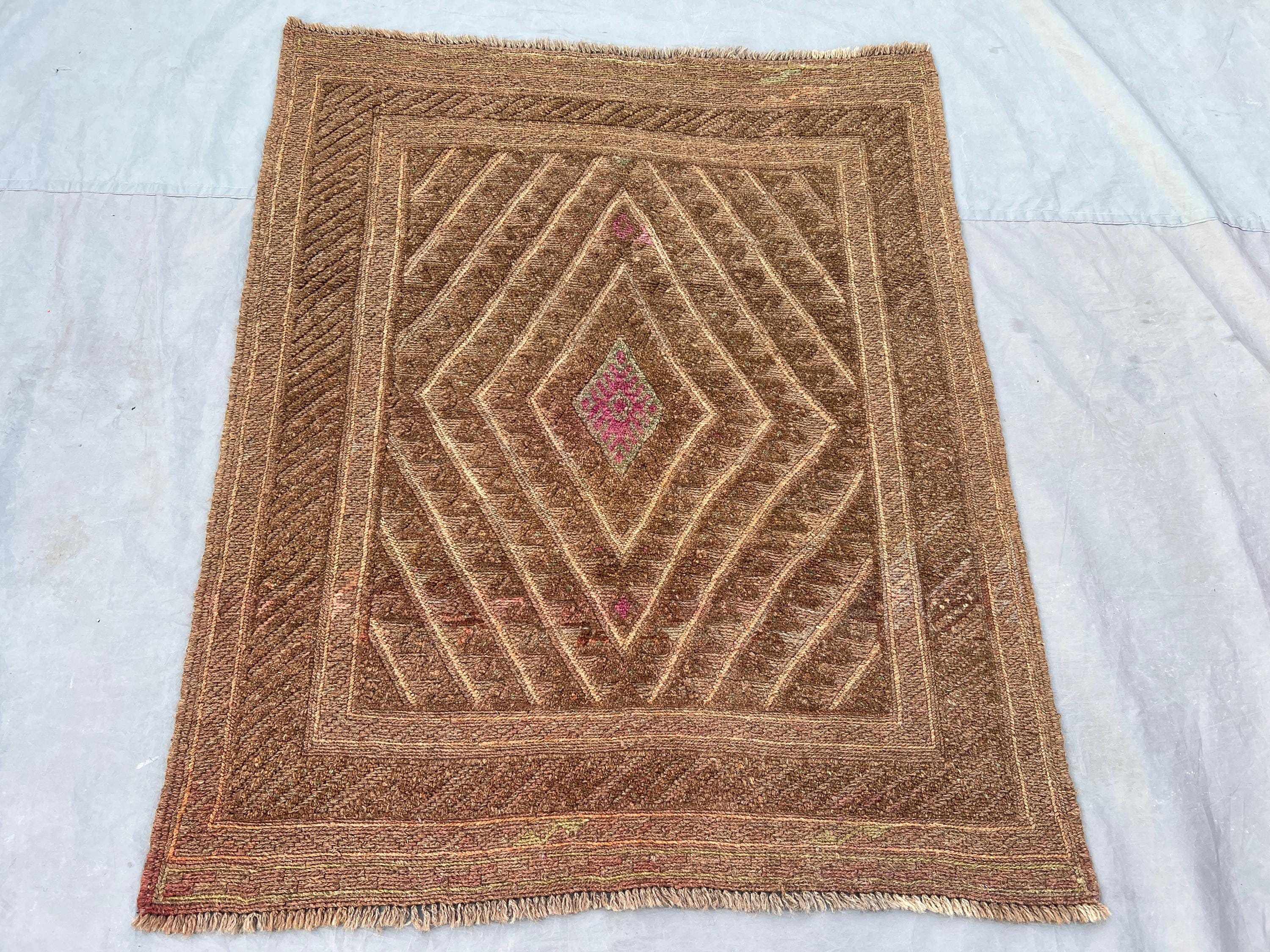 Brown/Beige 3'8" x 4'5" Vintage Afghan Baluchi Rug, Hand-Knotted Wool, Geometric Diamond Design, Textured Pile