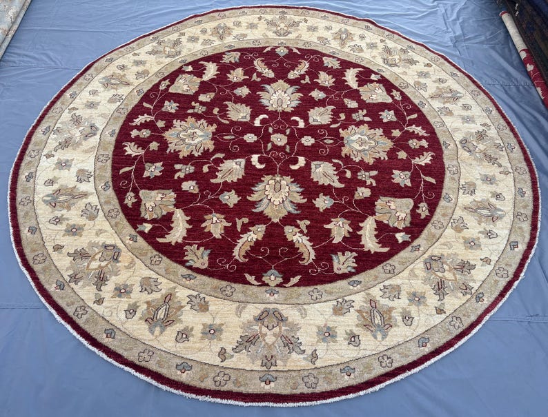 8 x 8 Afghan Hand-Knotted Modern Soft Pile Oval Oushak Design Luxury Wool Rug Elegant Floral Pattern Stylish Living Room Decor | Bedroom rug image 1