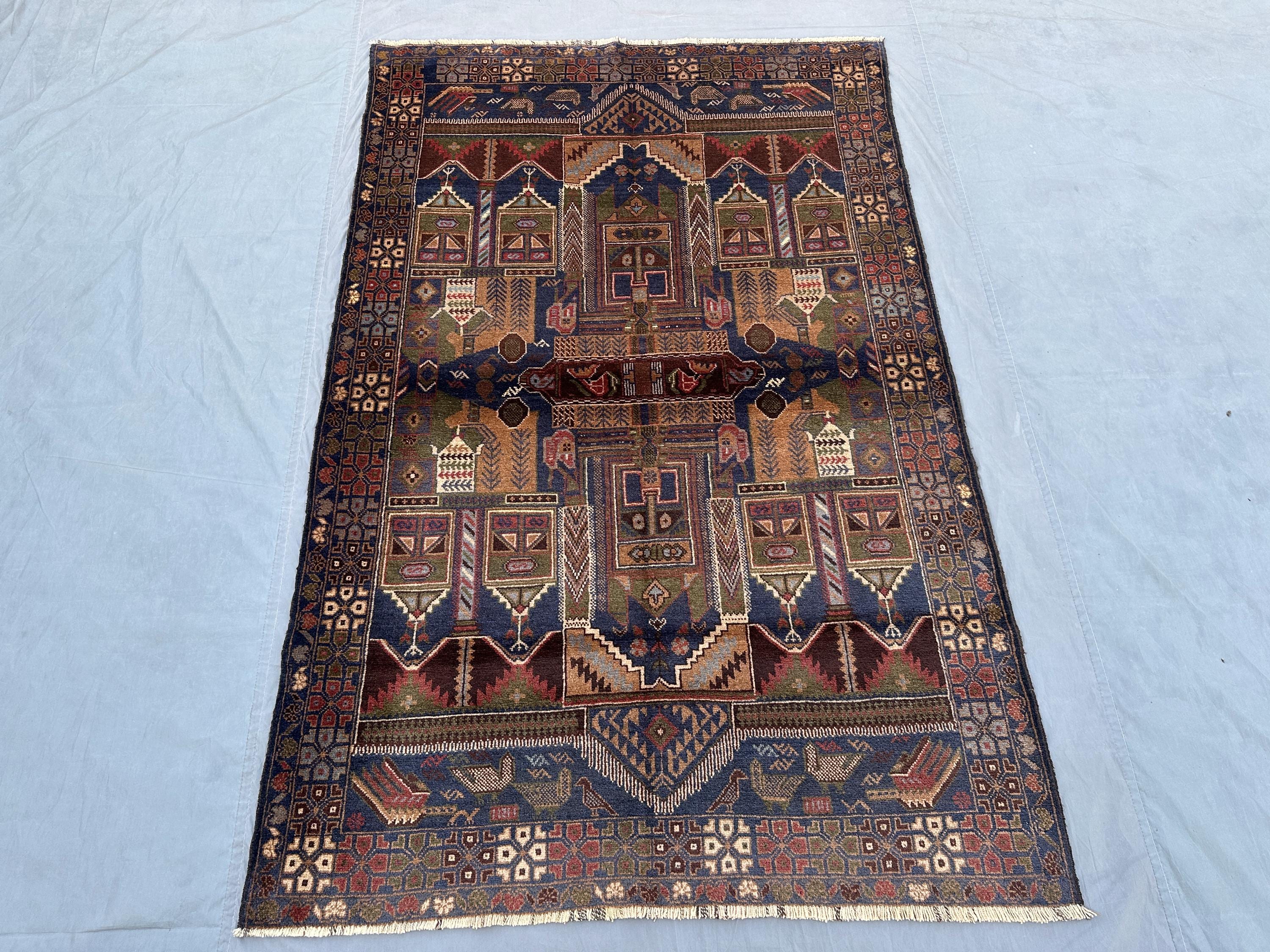 Antique Afghan Baluch Rug | 4x7 Hand-Knotted Wool Carpet | Tribal Geometric Art Rug | Vintage Kitchen & Home Decor | Collectible Old Carpet