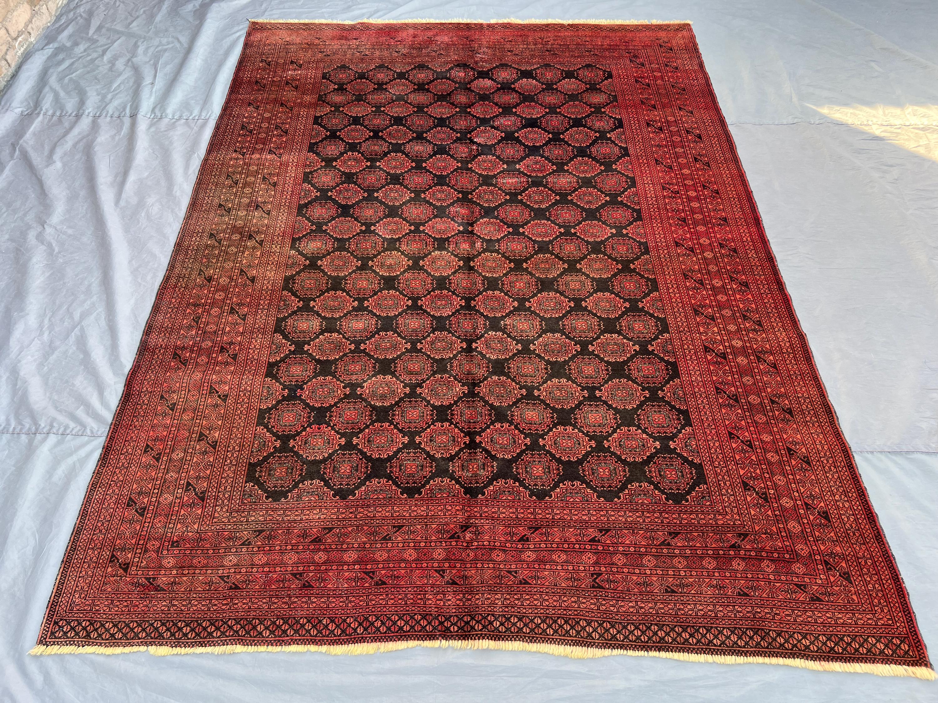 7x9 Antique Turkmen Bukhara Rug | Afghan Tribal Hand Knotted Wool Area Carpet | Red Black Geometric Pattern |