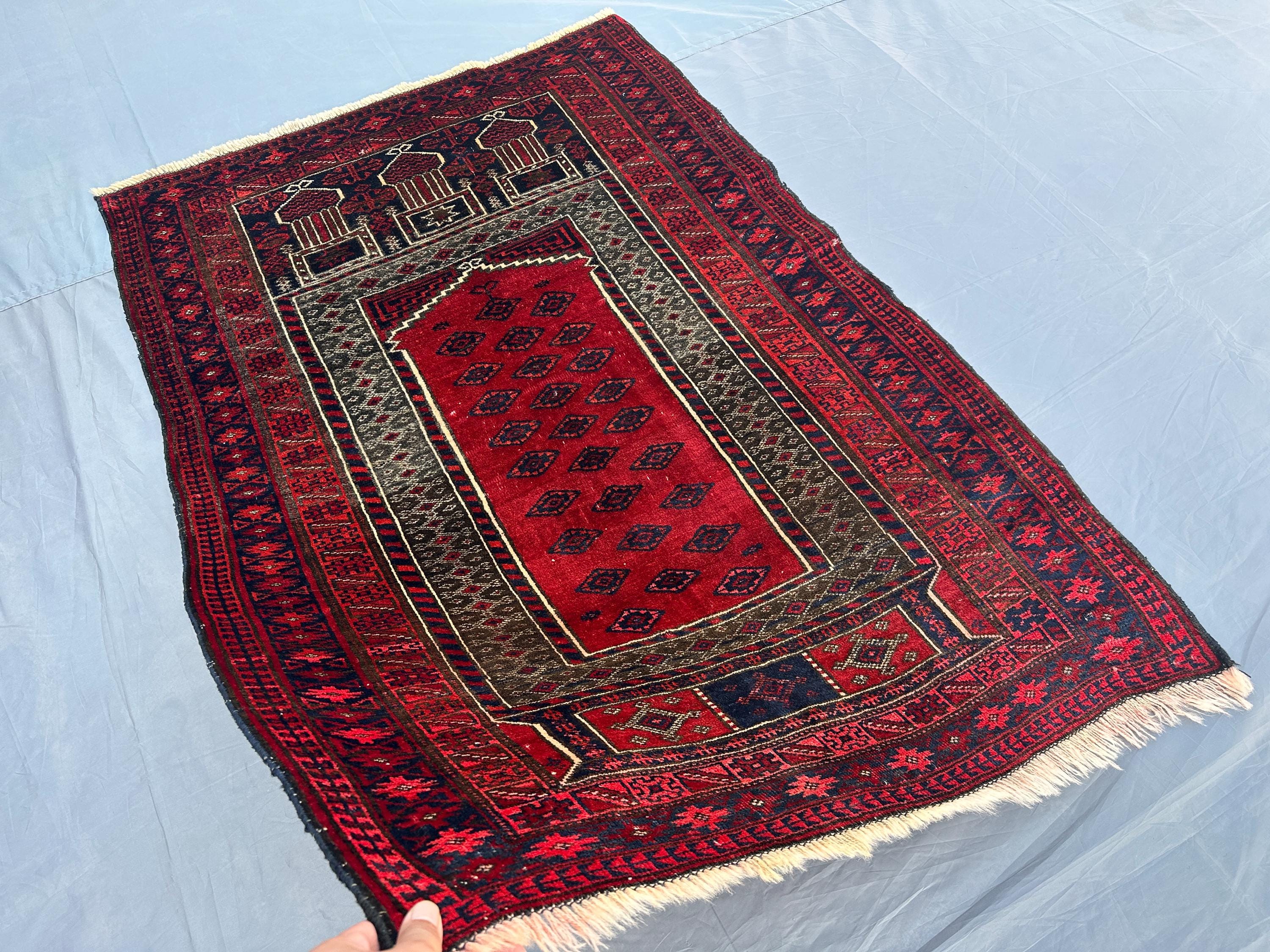 3x5 Afghan Baluch Prayer Rug – Hand-Knotted Wool Tribal Carpet, Vintage Red Geometric Design, Islamic Prayer M
