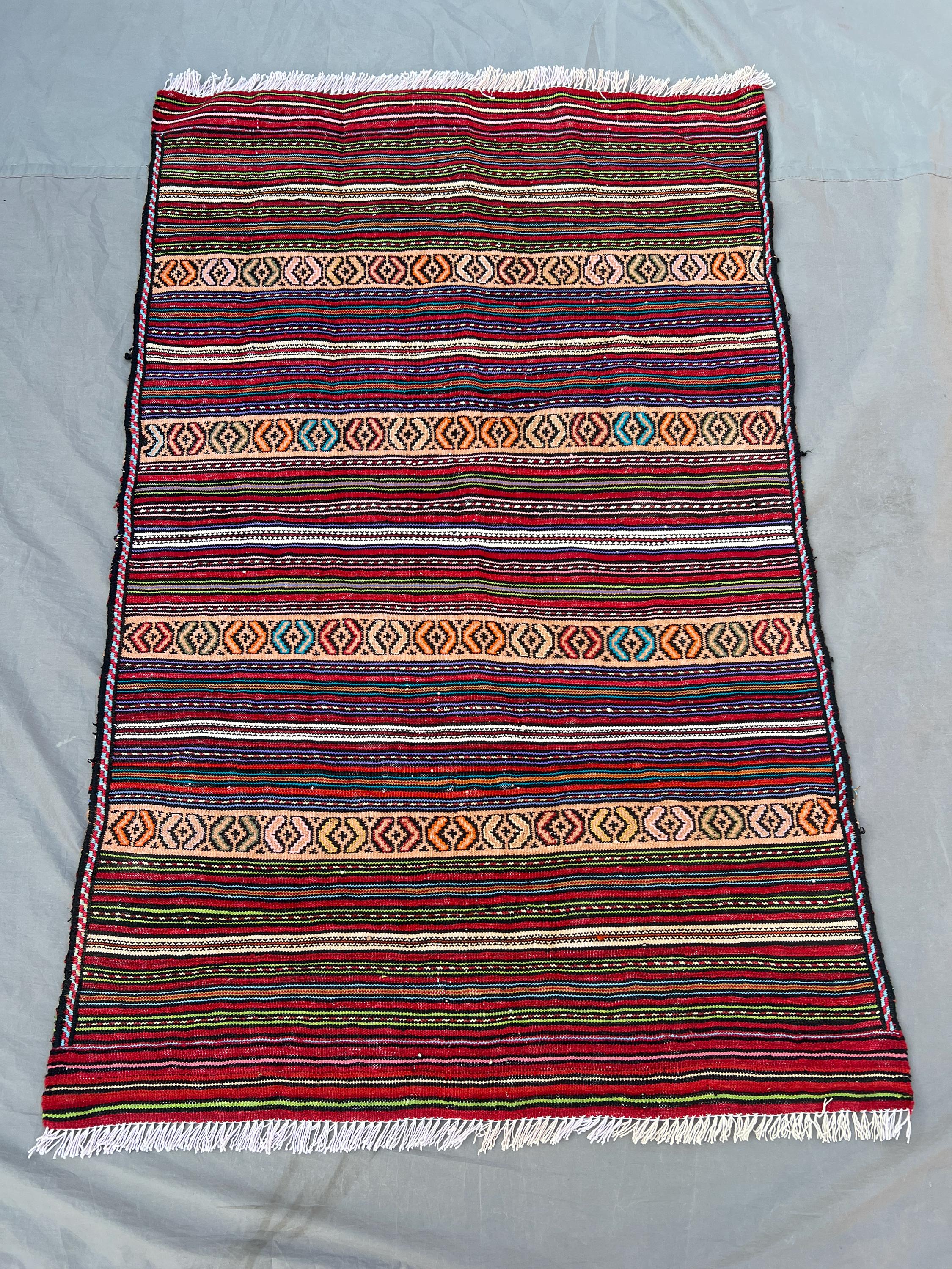 3x4'7 Vintage Afghan Wool Kilim Flat Weave Rug Vibrant Multicolor Stripe Geometric Diamond Band Pattern | Boho Kitchen Entryway Layering Rug