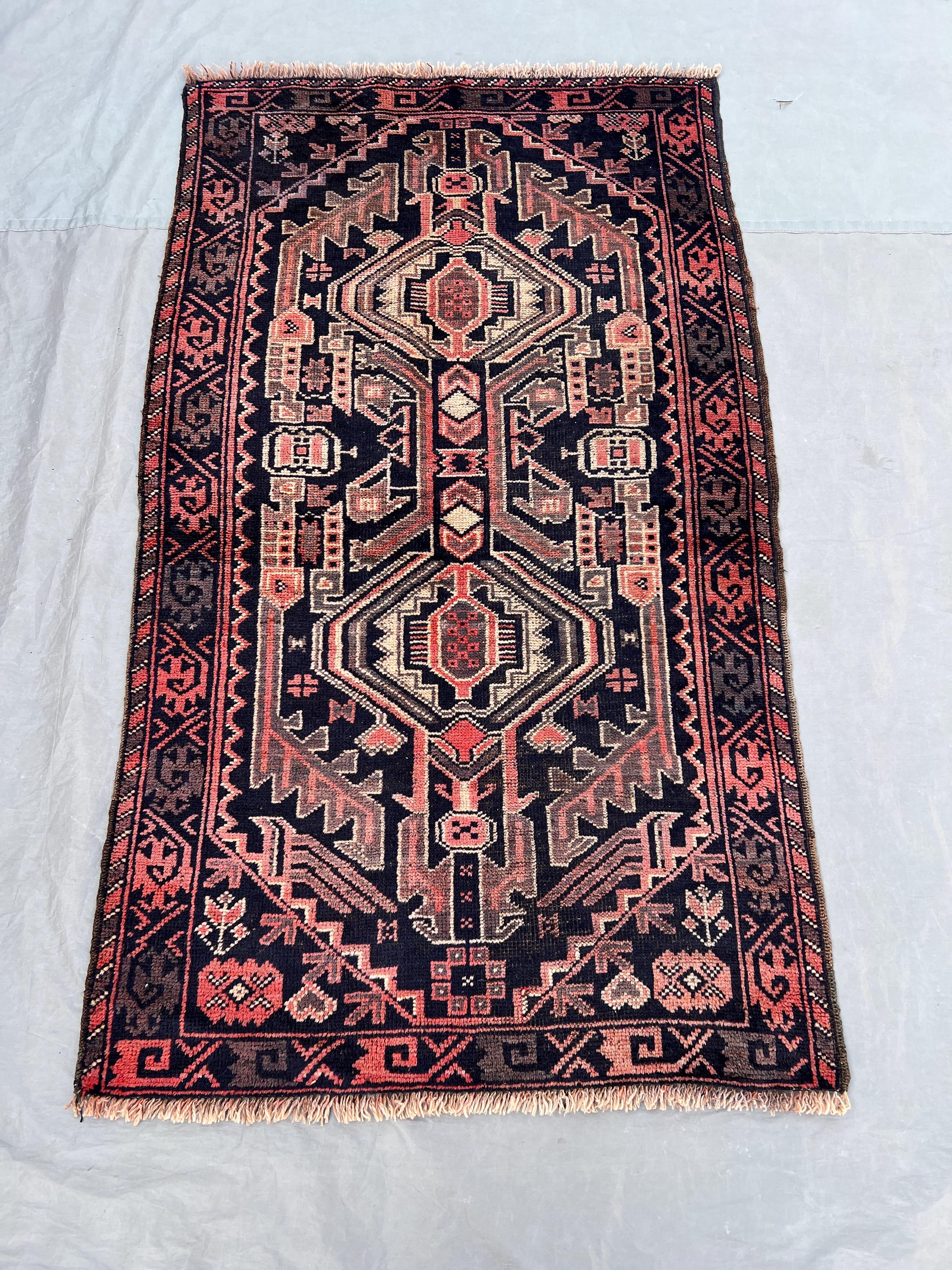 2'10x4'9 Ft Vintage Afghan Baluchi Wool Pile Rug Hand-Knotted Double Octagonal Medallion Black Coral Salmon Accent Rug | Bedroom Entryway
