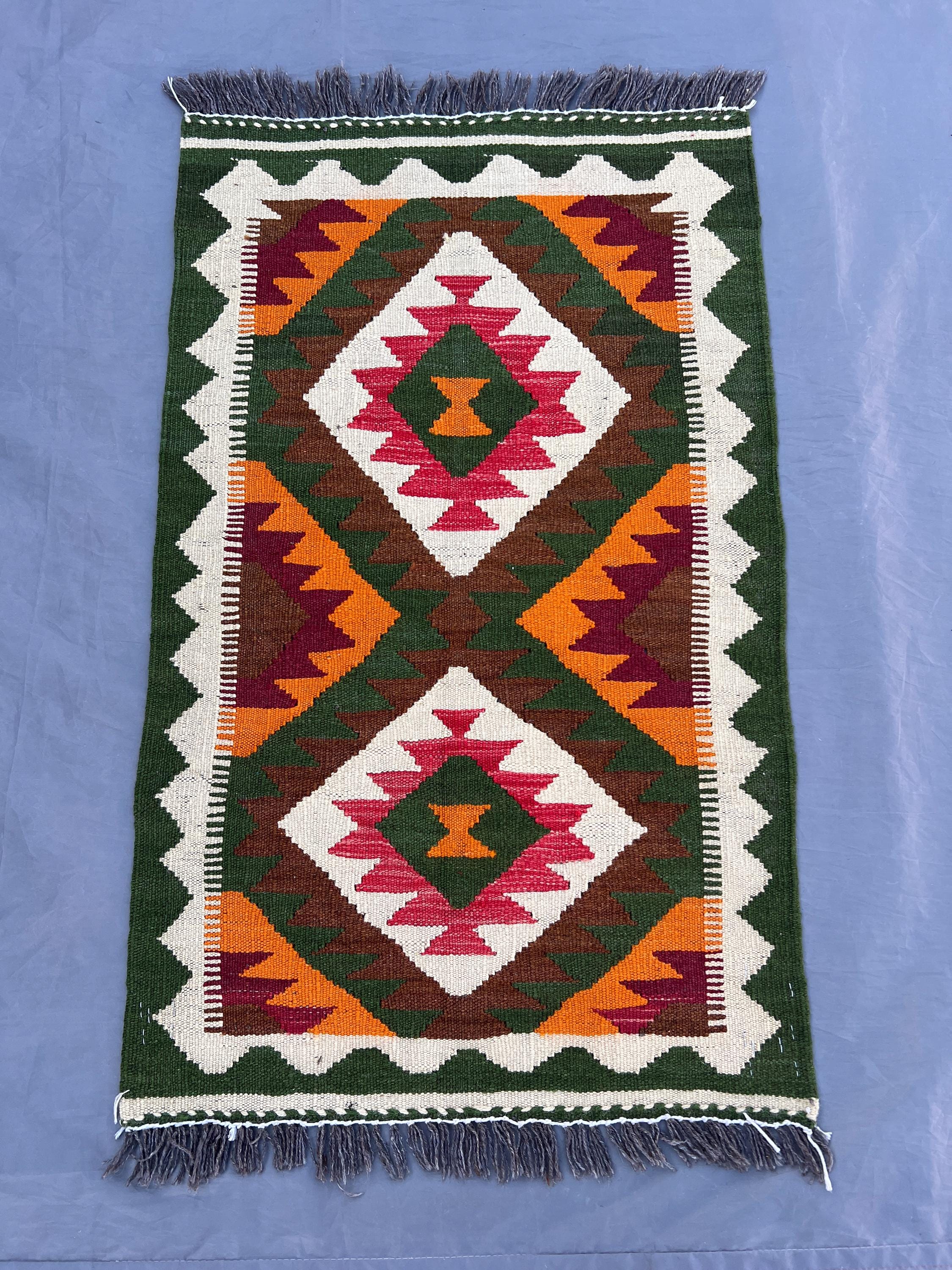 Afghan Mini Kilim Rug, 2x3 Handwoven Wool Flat Weave | Tribal Accent Rug | Geometric Colorful Carpet | Small Boho Entryway Rug, Bathroom rug