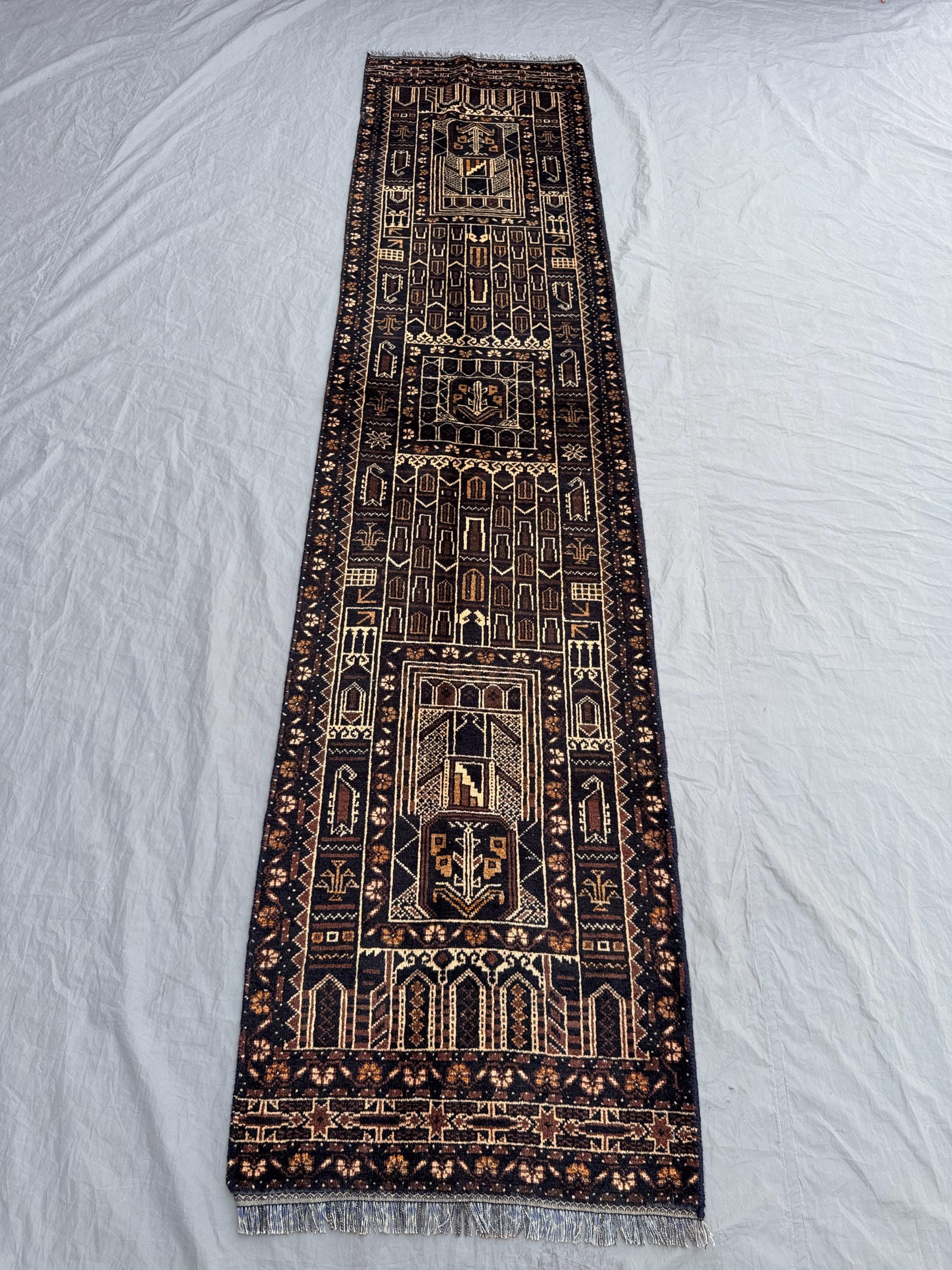Dark Brown 2'2 x 9'7 Ft Vintage Baluchi Tribal Runner Rug Hand Knotted Geometric Soft Wool Boho Hallway Home Decor Area Rug, Entry way