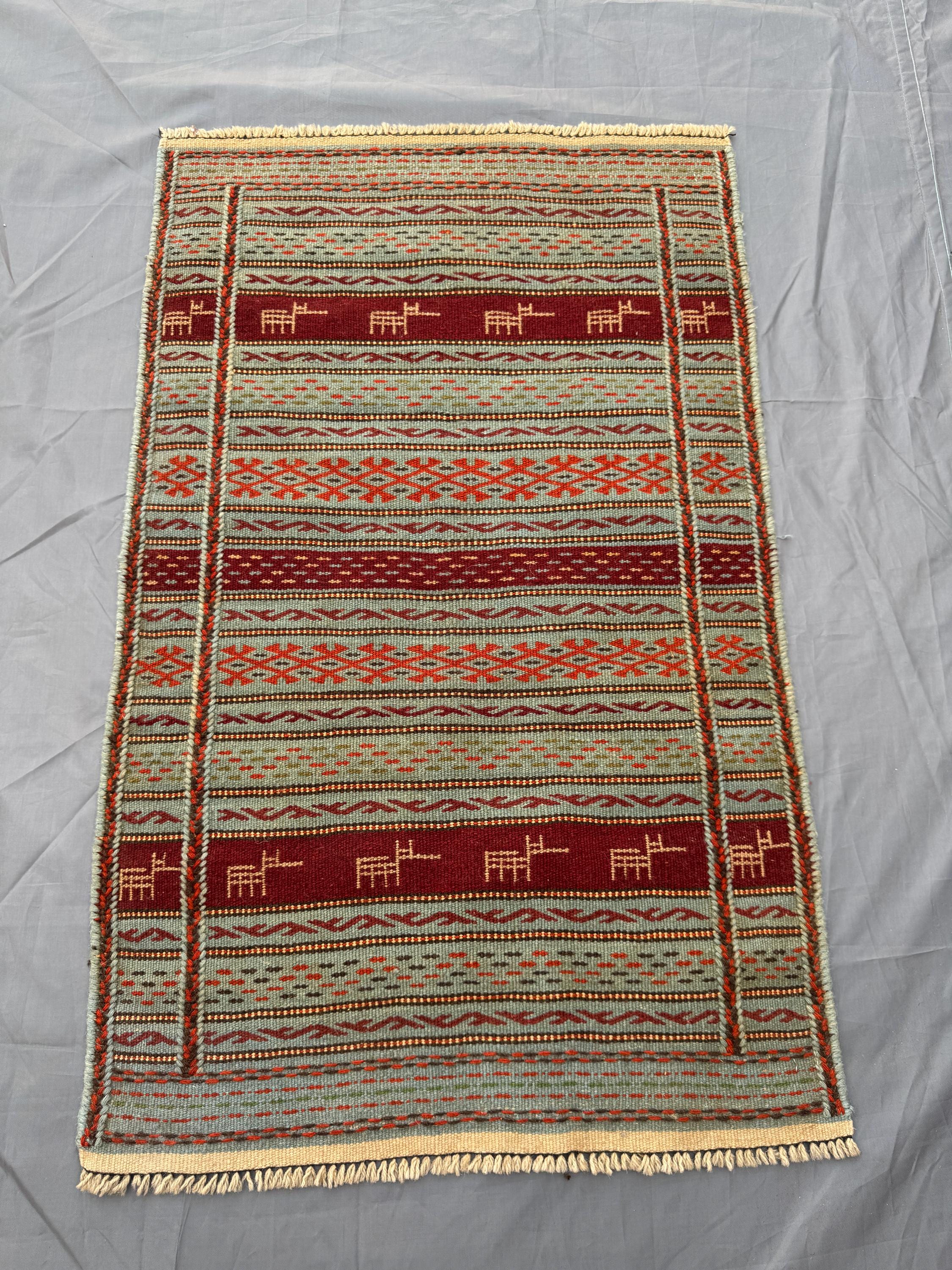 Turquoise 2'4x3'8ft Turkish Tribal Flatweave Animal Design Soft Faded Rug, Handwoven Wool, Decorative Area Rug, Small Size