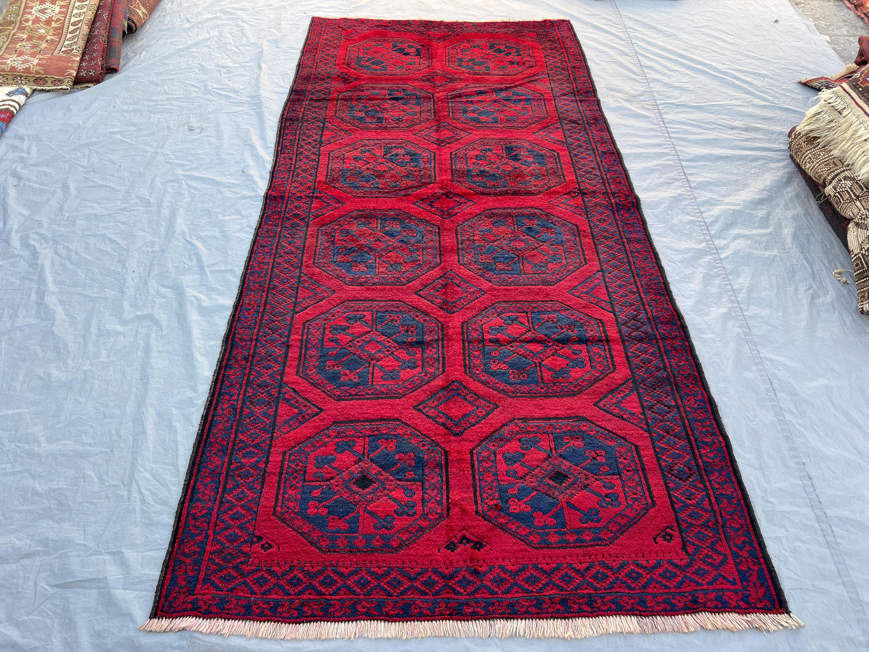 4'6x9'10 ft Vintage Afghan Ersari Hand Knotted Wool Runner Rug Crimson Red Navy Elephant Foot Gul Tribal Hallway Runner Rug