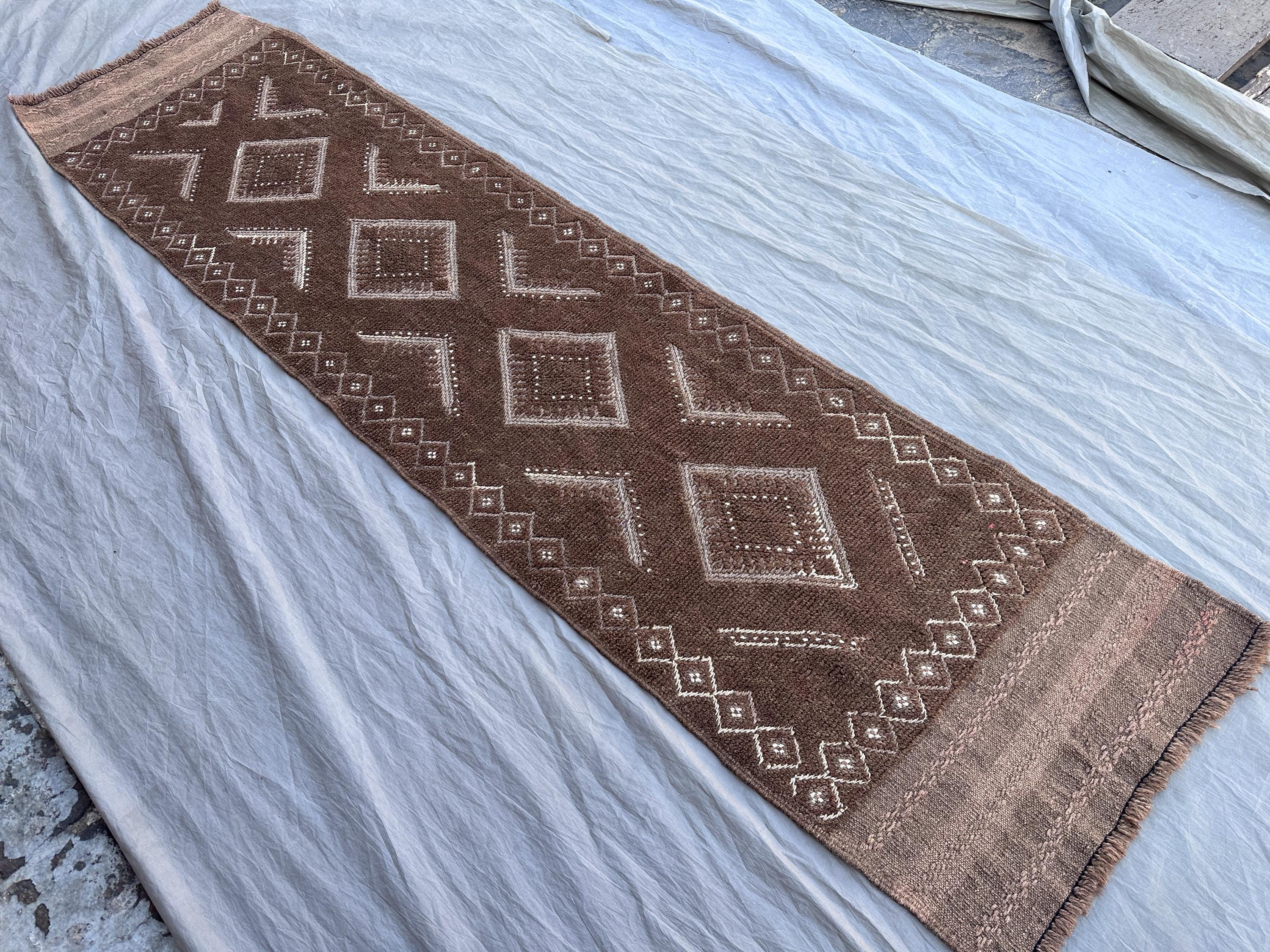 2x8 Afghan Hand Knotted Vintage Rare Soft Pile One of a Kind Narrow Runner Terracotta Color Faded Mishwani Design | Living room decor