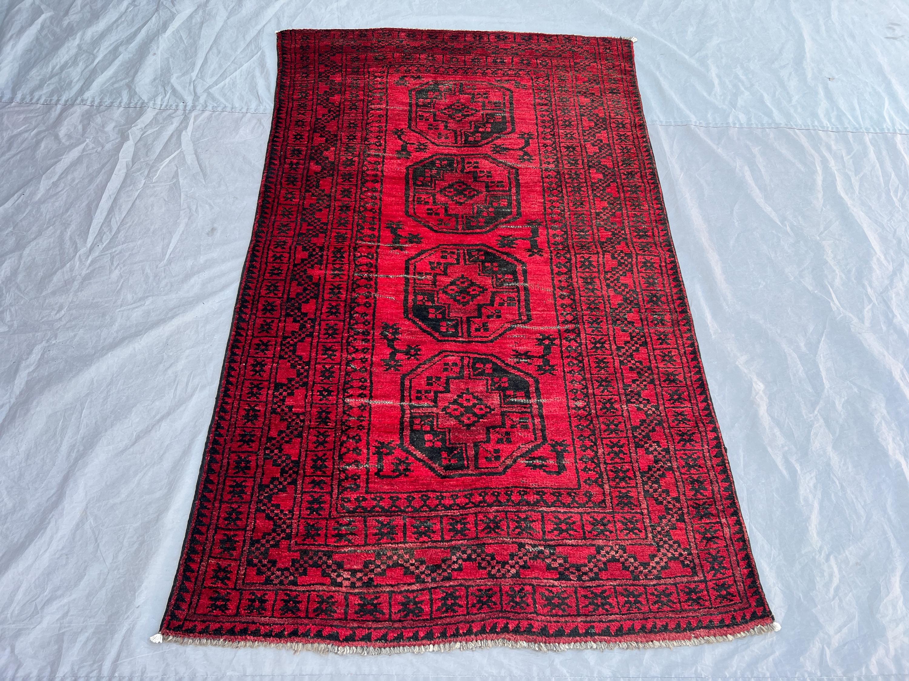 3'7x5'10 ft Vintage Afghan Rug – Red Geometric Tribal Design, Handmade Rug, Cozy Living Room Accent, Boho Home Decor, Decorative Tribal Rug