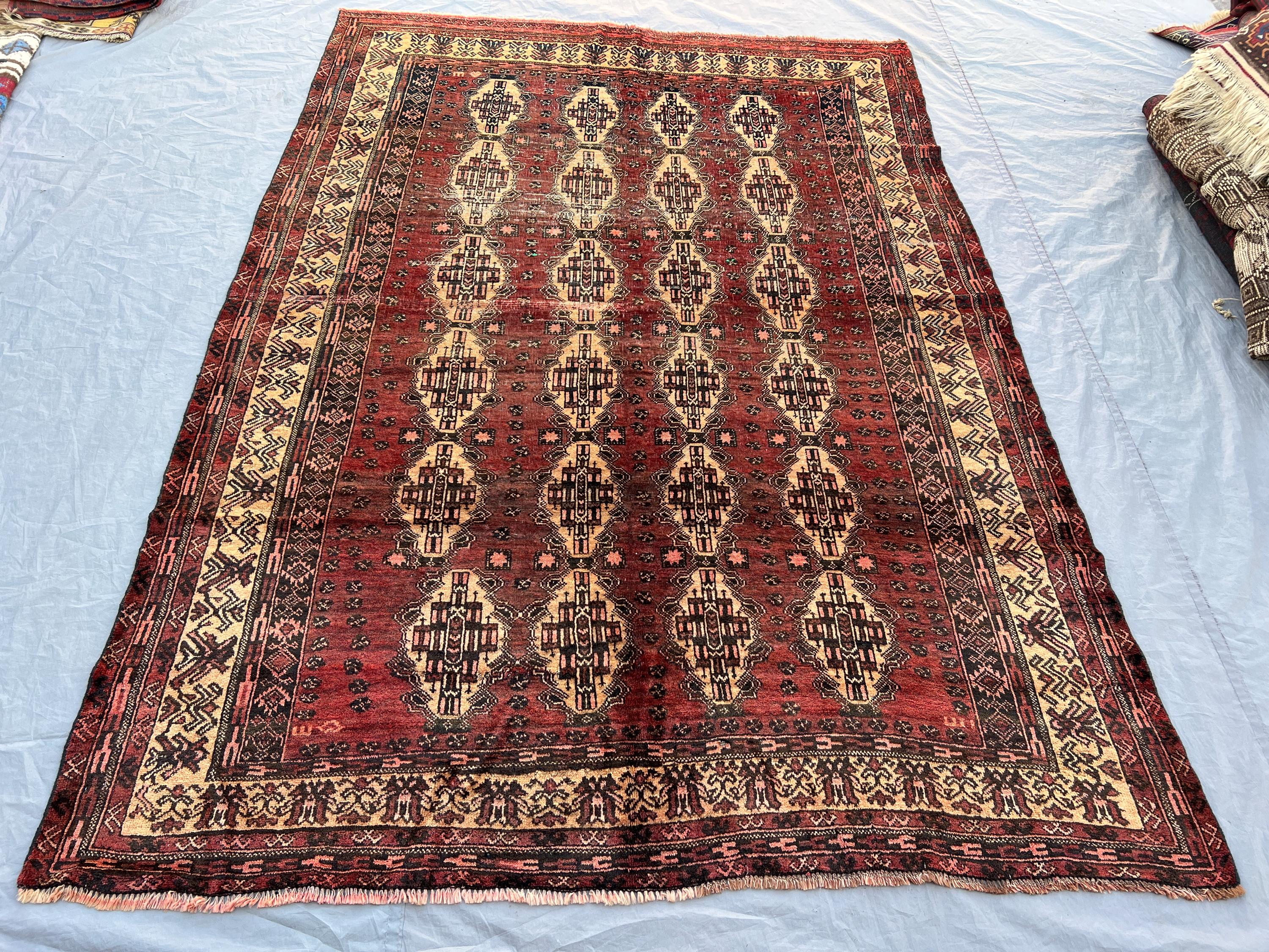 5'10x8'7 ft Vintage Afghan Bashir Hand Knotted Wool Rug Deep Red Ivory Turkmen Gul Medallion Tribal Rug Living Room Bedroom