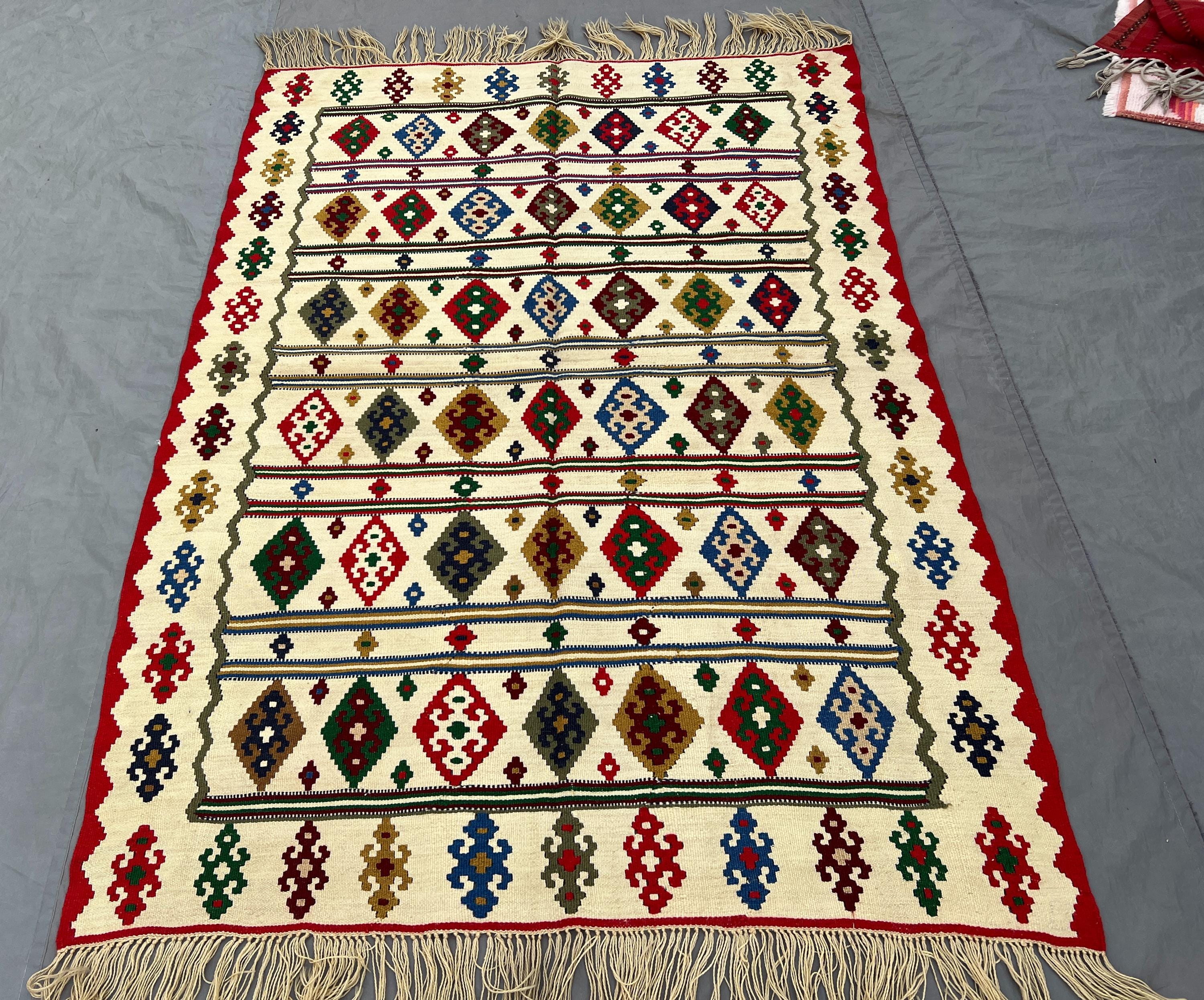 Afghan 4 x 6 ft hand woven vintage kilim one of a kind large tribal area carpet, geometric boho decor maimana flat weave