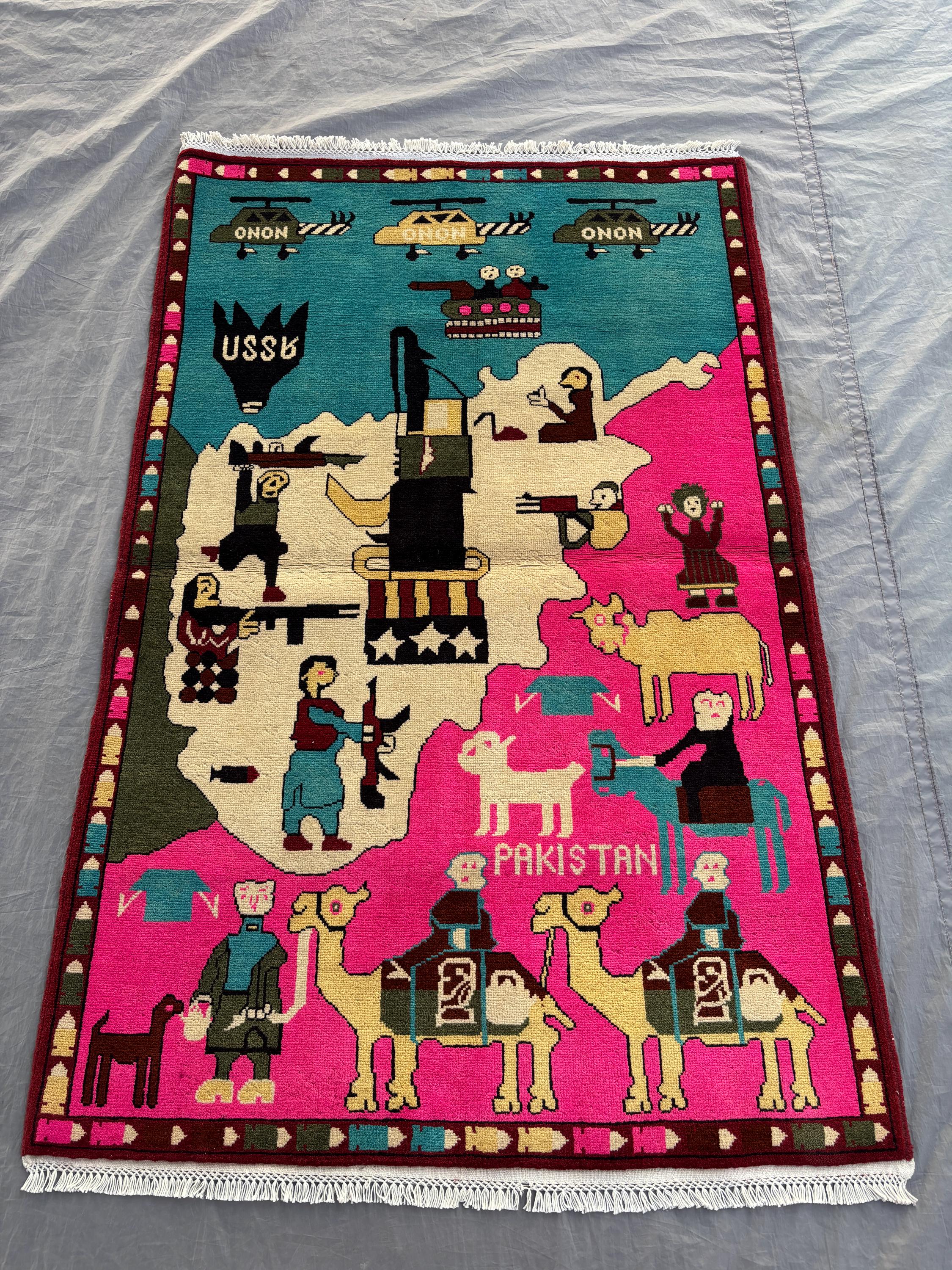 3 x 5 Ft Afghan Hand-Knotted Vintage Soft Pile Rug, One of a Kind Small Area Decor, Pictorial War Rug, Herat D