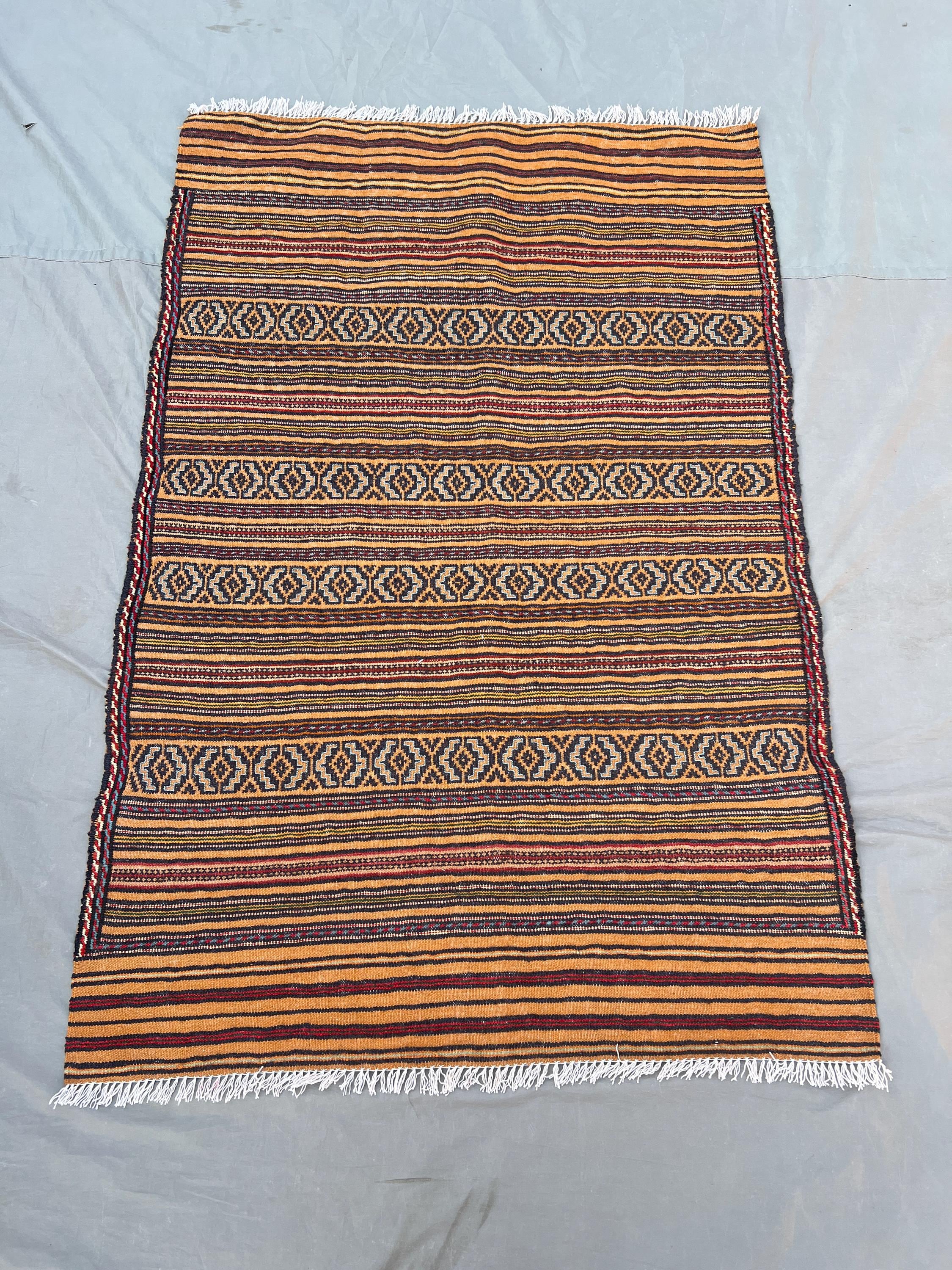 3'2x4'7 Ft Vintage Afghan Wool Kilim Flat Weave Rug Warm Amber Orange Navy Horizontal Stripe Geometric Diamond Band Boho Kitchen Accent Rug