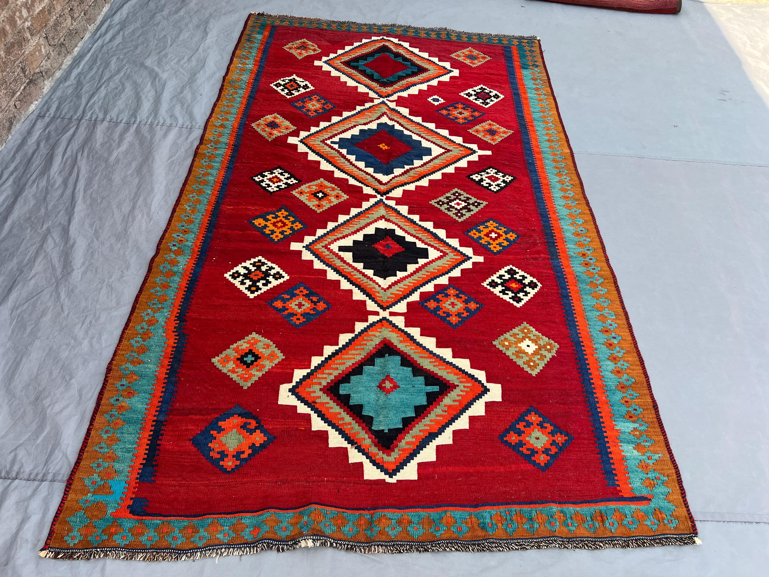 5x8'1 Vintage Afghan Kilim Flatweave | Red Teal Orange 4-Diamond Medallion Chain | Handwoven Wool Tribal Rug Living Room Dining Room Bedroom