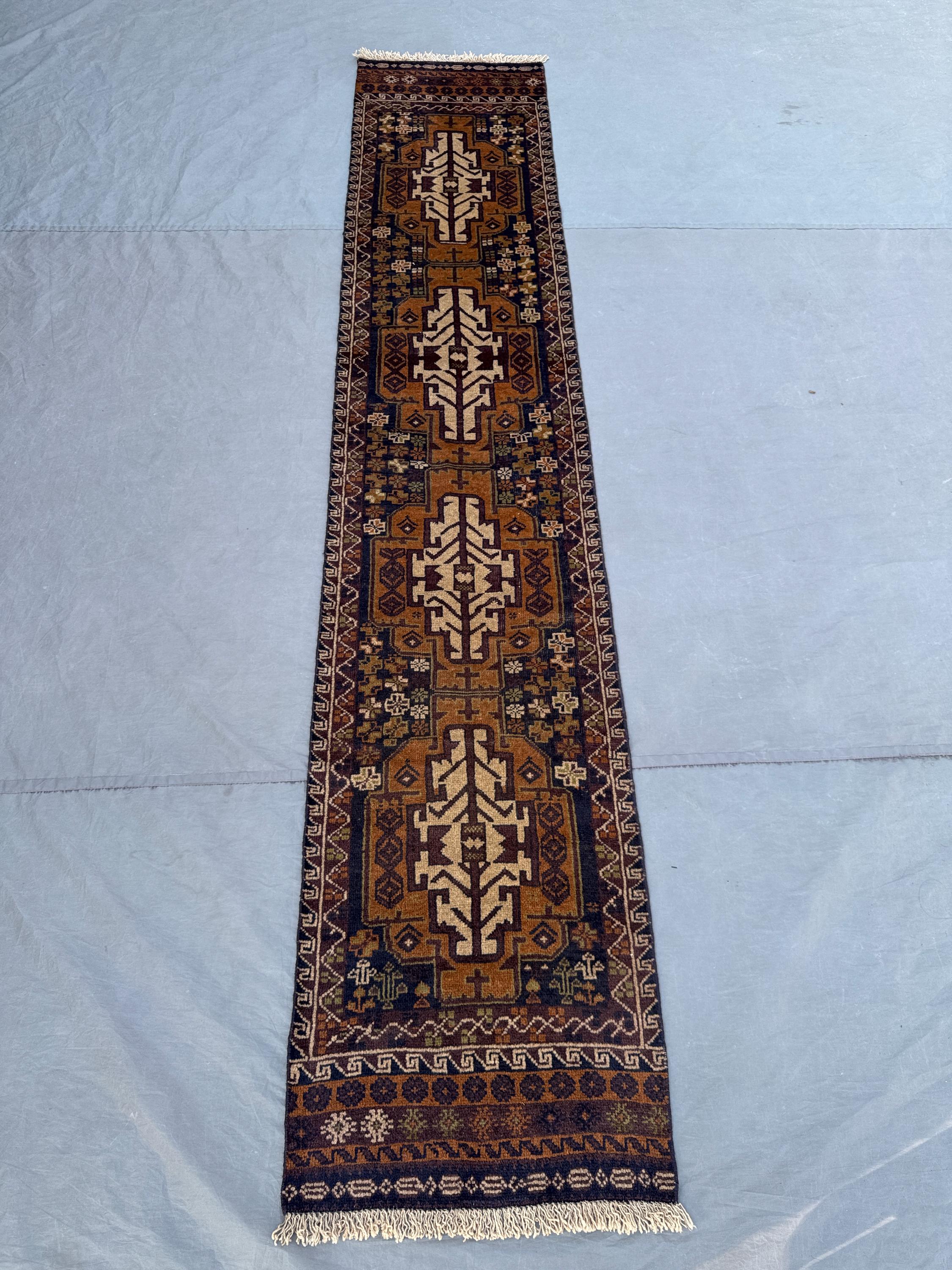 Brown 1.10x9.3 ft Afghan Balochi Handmade Wool Runner Rug, Vintage Soft Pile, Tribal Design, Luxury for Hallway, Entryway, Boho Decor