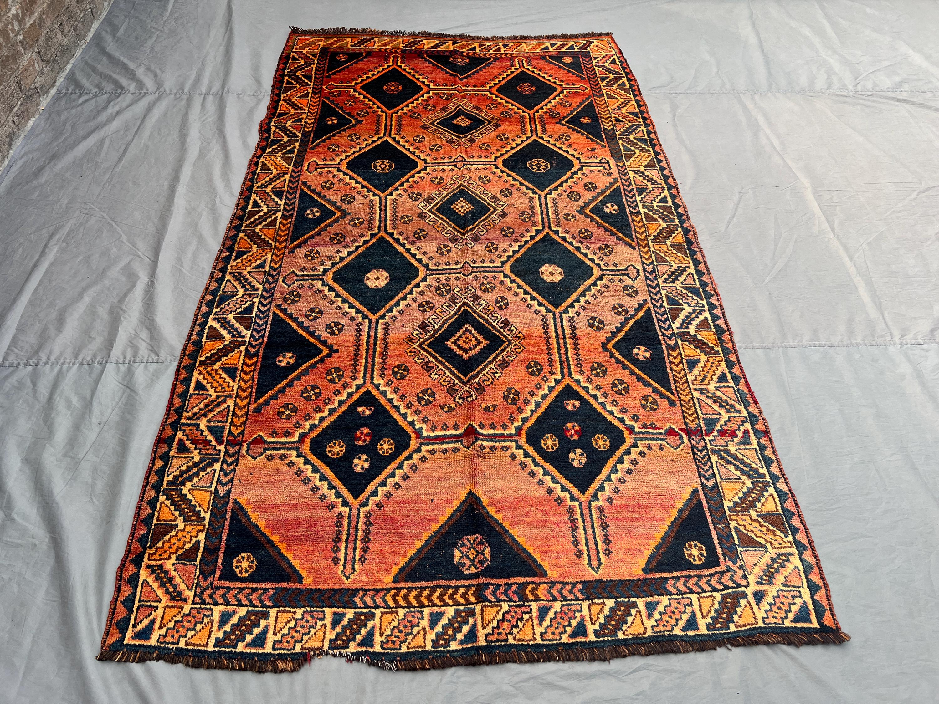 Vintage Orange Navy Rust Afghan Baluchi Rug | 5x9 ft Hand Knotted Wool Tribal Geometric Carpet | Boho Living R