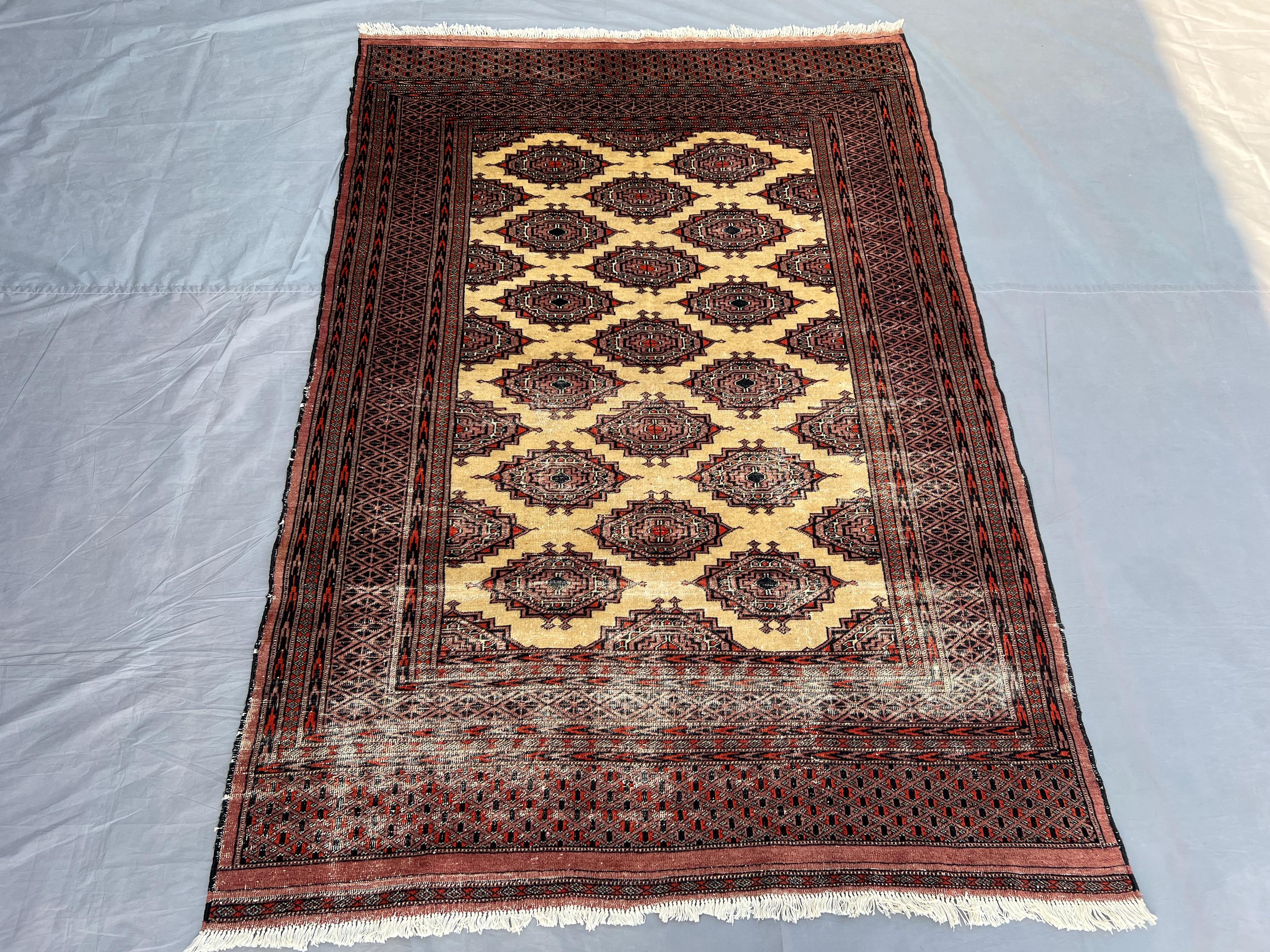 4'2x6'1 Ft Antique Turkmen Tribal Rug Geometric Wool Rug Pakistani Handmade Carpet Unique Vintage Wool Area Ru