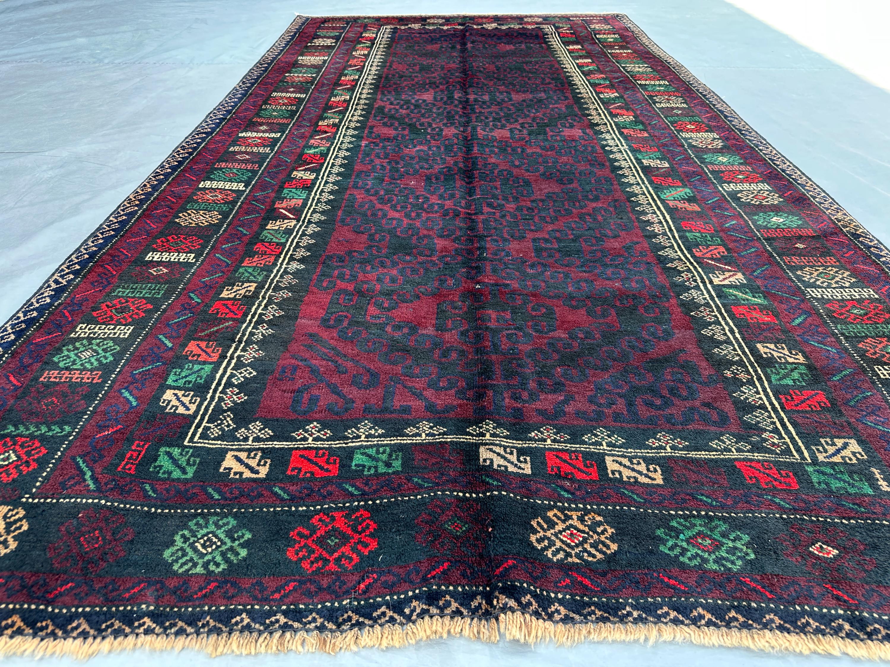 Vintage Afghan Baluch Rug 4'5x9'2 ft Hand-Knotted Wool Tribal Runner | Dark Blue & Red Nomadic Carpet | Bohemian Hallway Decor, Moroccan rug