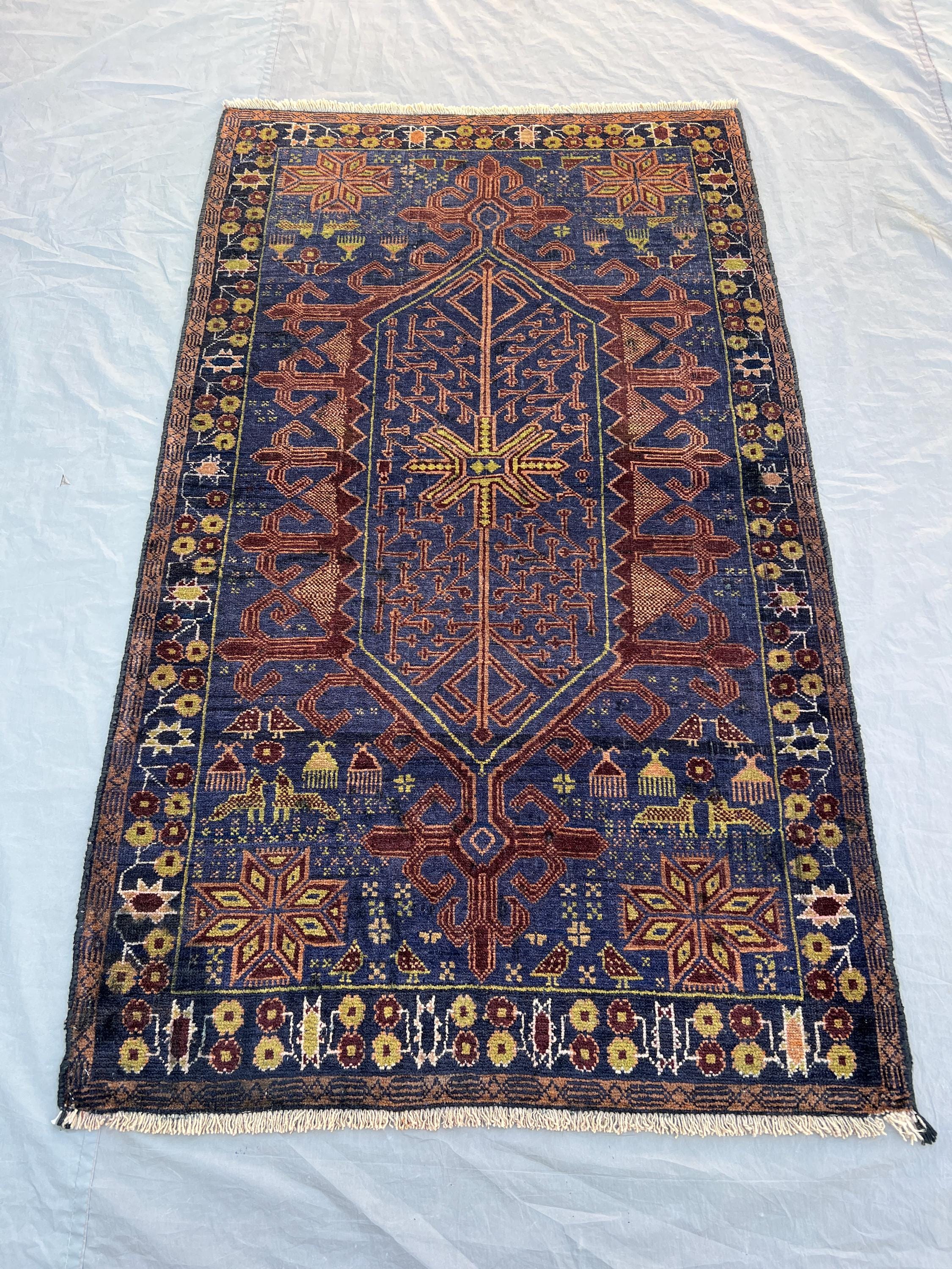 3'8x6'3 ft Vintage Afghan Baluchi Hand Knotted Wool Rug Navy Blue Rust Gold Central Medallion Tribal Rug Living Room Bedroom