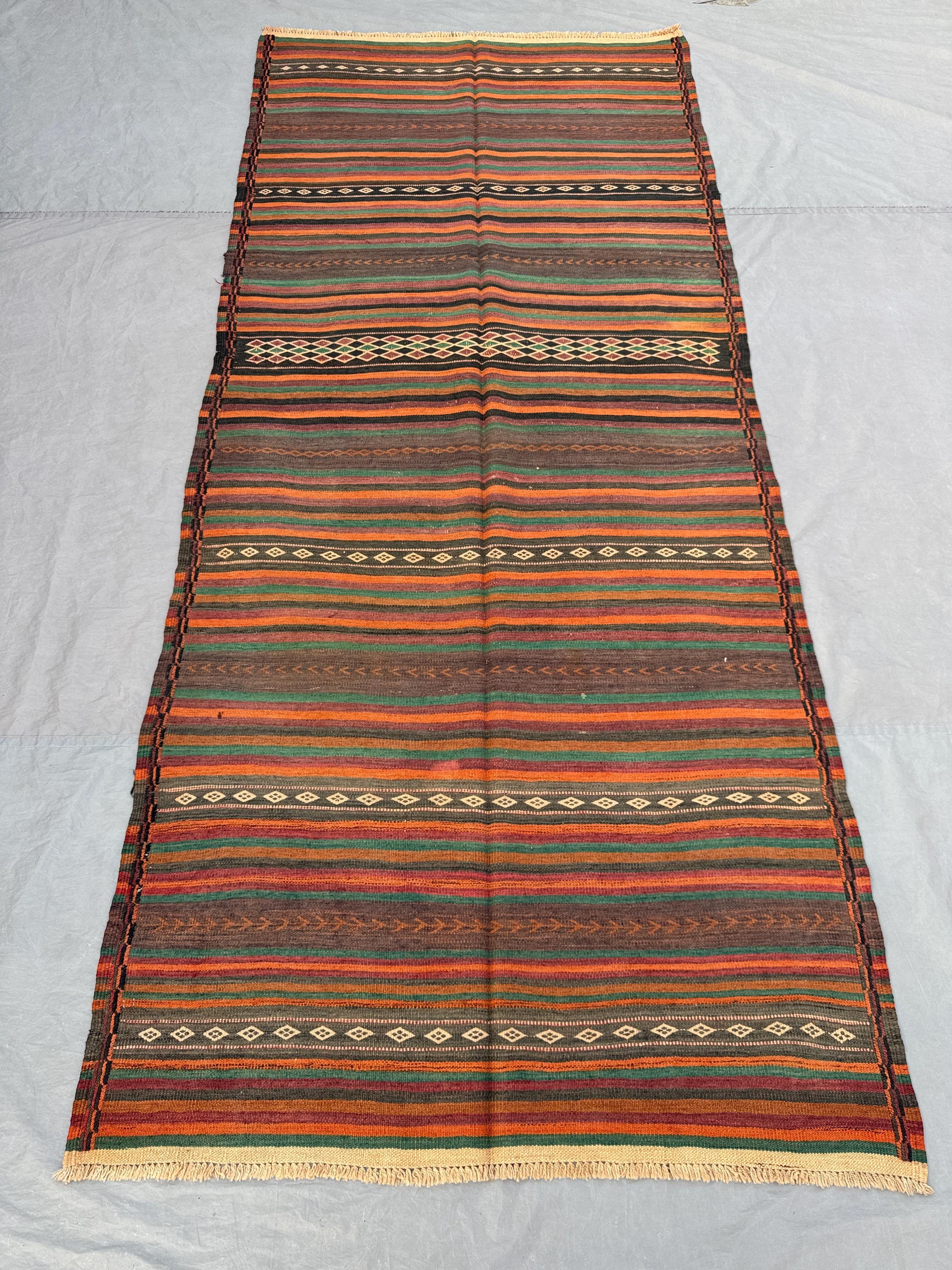 4'2 x 9'8 ft Antique Afghan Baluchi Kilim Area Rug Flat Weave 100% Wool One Of A Kind Nomadic Runner Hallway Rug