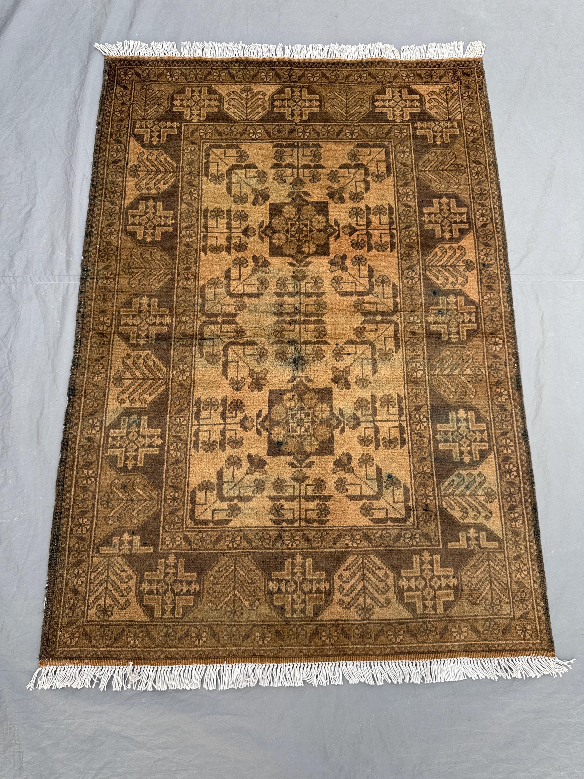 3.4 x 4.10 ft Afghan Hand Knotted Vintage Soft Pile One of a Kind Small Area Rug in Terracotta Color Faded Turkoman Ersari Design