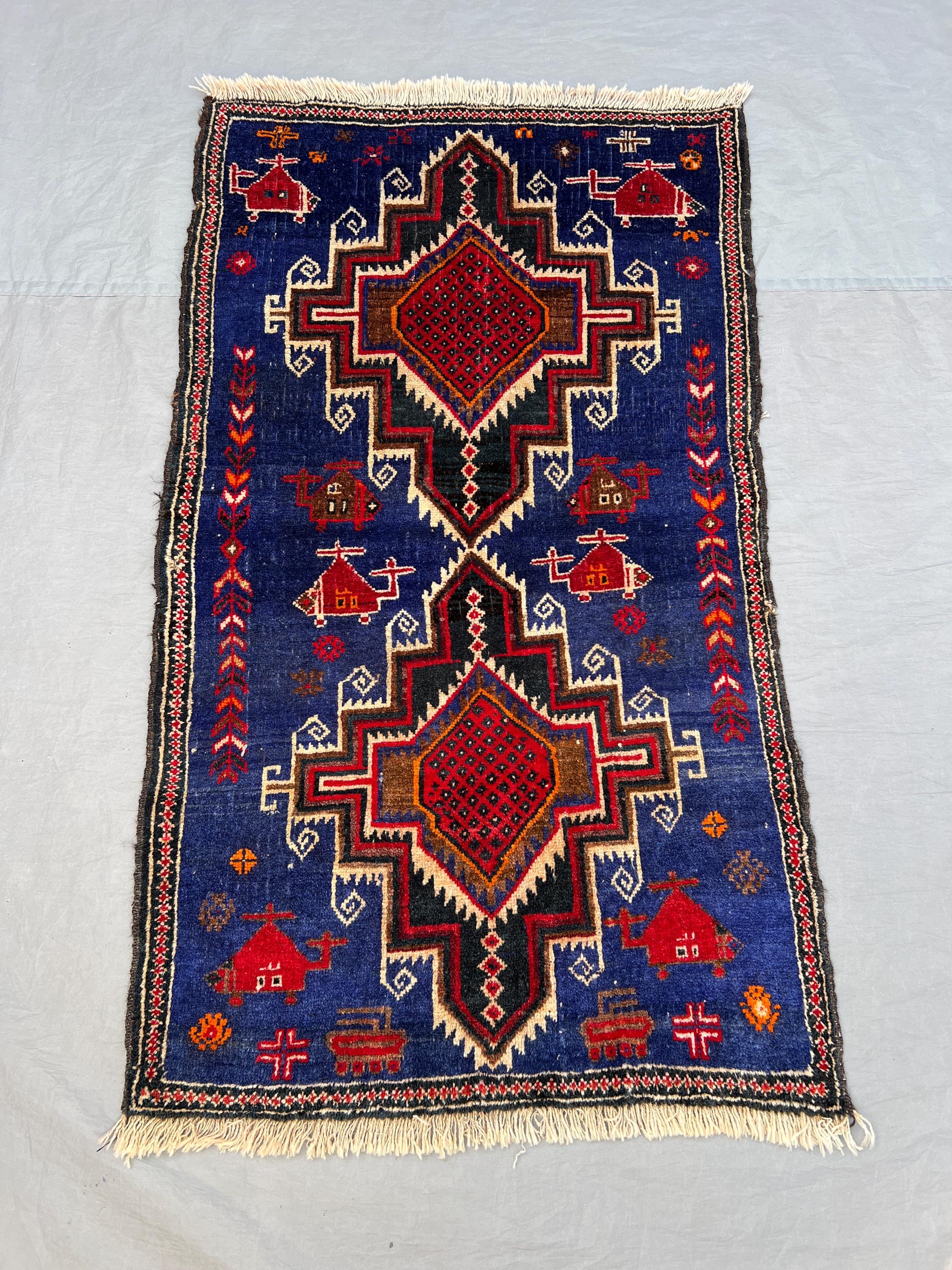 2'8x4'5 ft Vintage Afghan Pile War Rug Handknotted Tribal Double Medallion & Helicopter | Royal Blue Crimson R