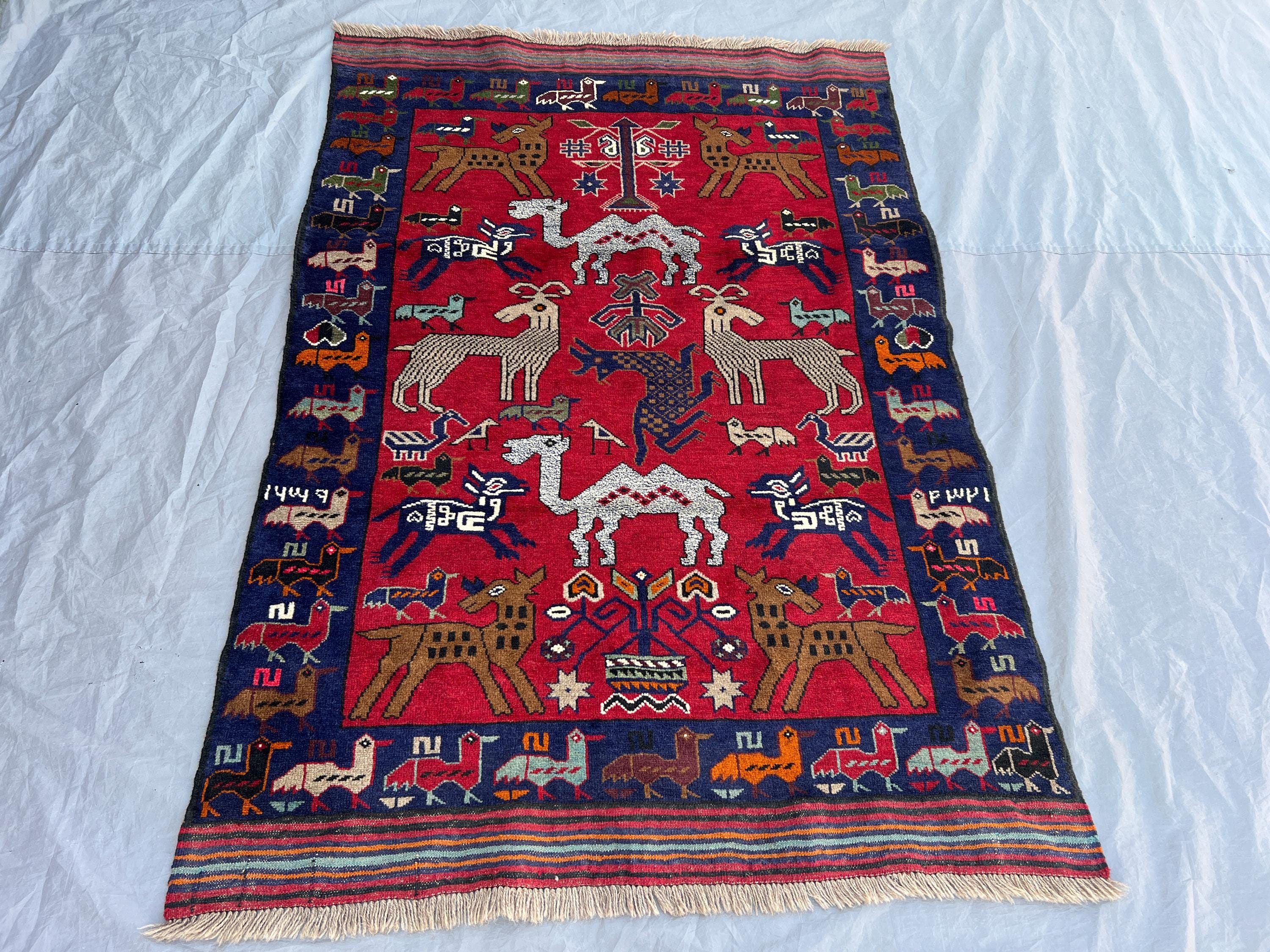 4x5'8 Ft Vintage Afghan Hand Knotted Pile Rug | Red Tribal Animal Camel Deer Bird Wool Area Rug | Boho Living Room, Bedroom, Entryway