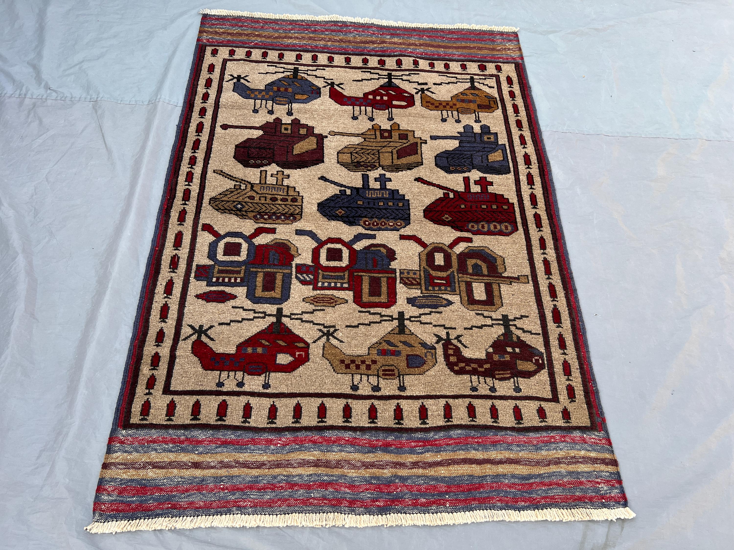 4'1x6 Ft Vintage Afghan Hand Knotted Pile War Rug | Ivory Tank Helicopter Military Motif Wool Area Rug | Colle