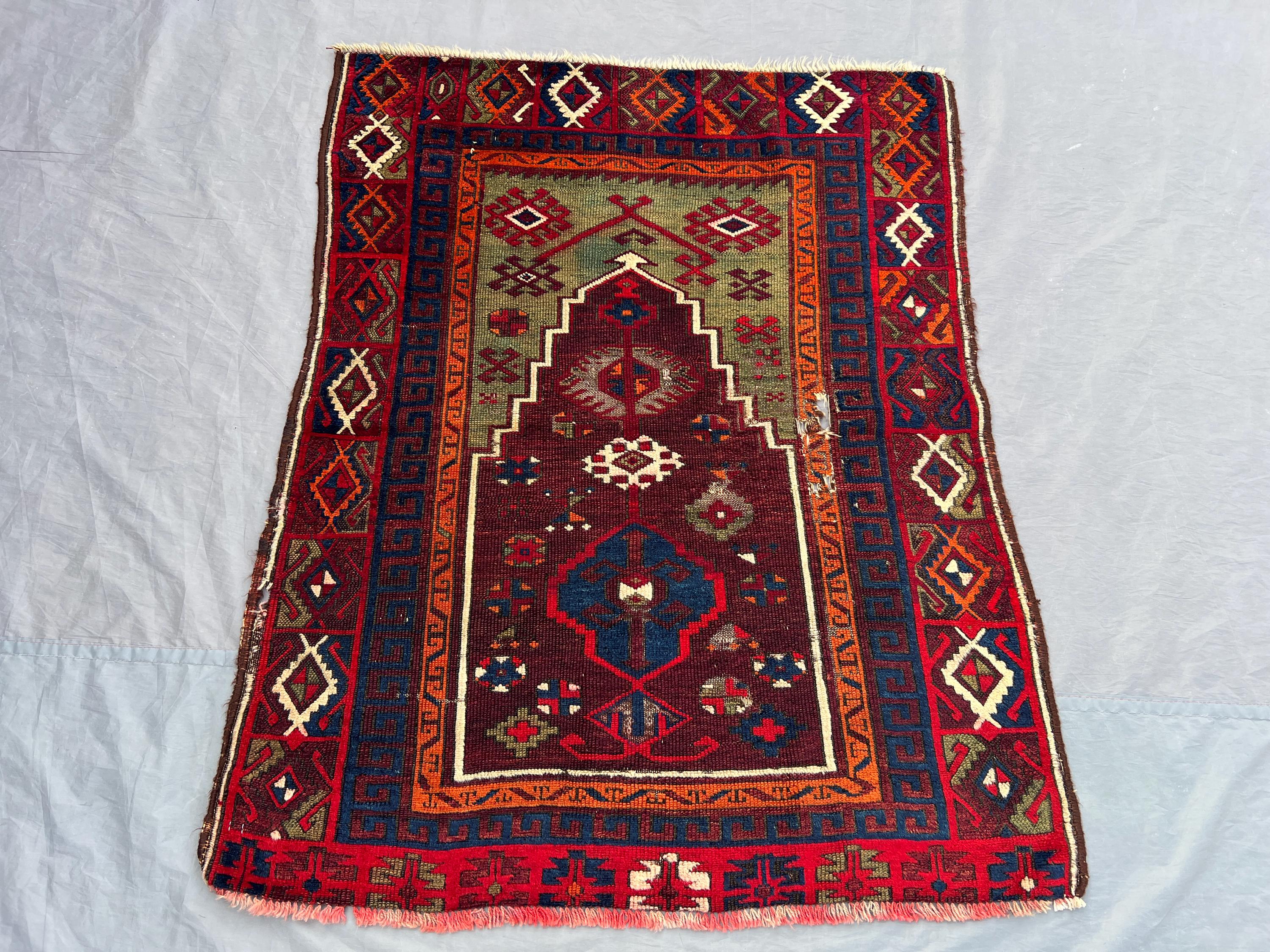3 x 4 ft Afghan Hand Knotted Vintage Balochi Rug Tribal Red Green Blue Geometric Design Soft Wool One Of A Kind Boho Area rug