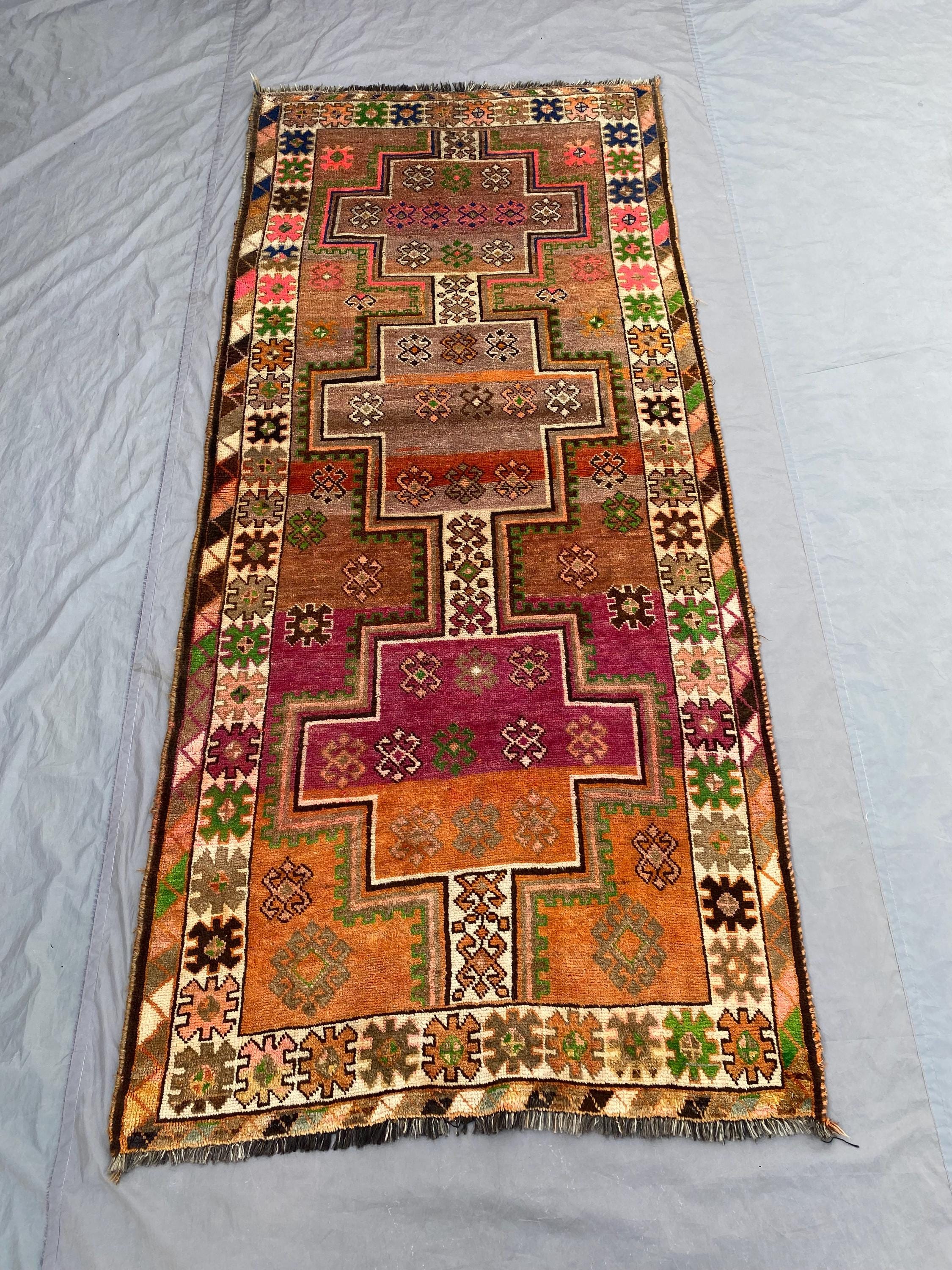 4x9 ft Vintage Turkish Runner Rug | Hand Knotted Tribal Geometric Design | Rare Wool Hallway Rug, Bohemian Home Decor Carpet, Kitchen Rug