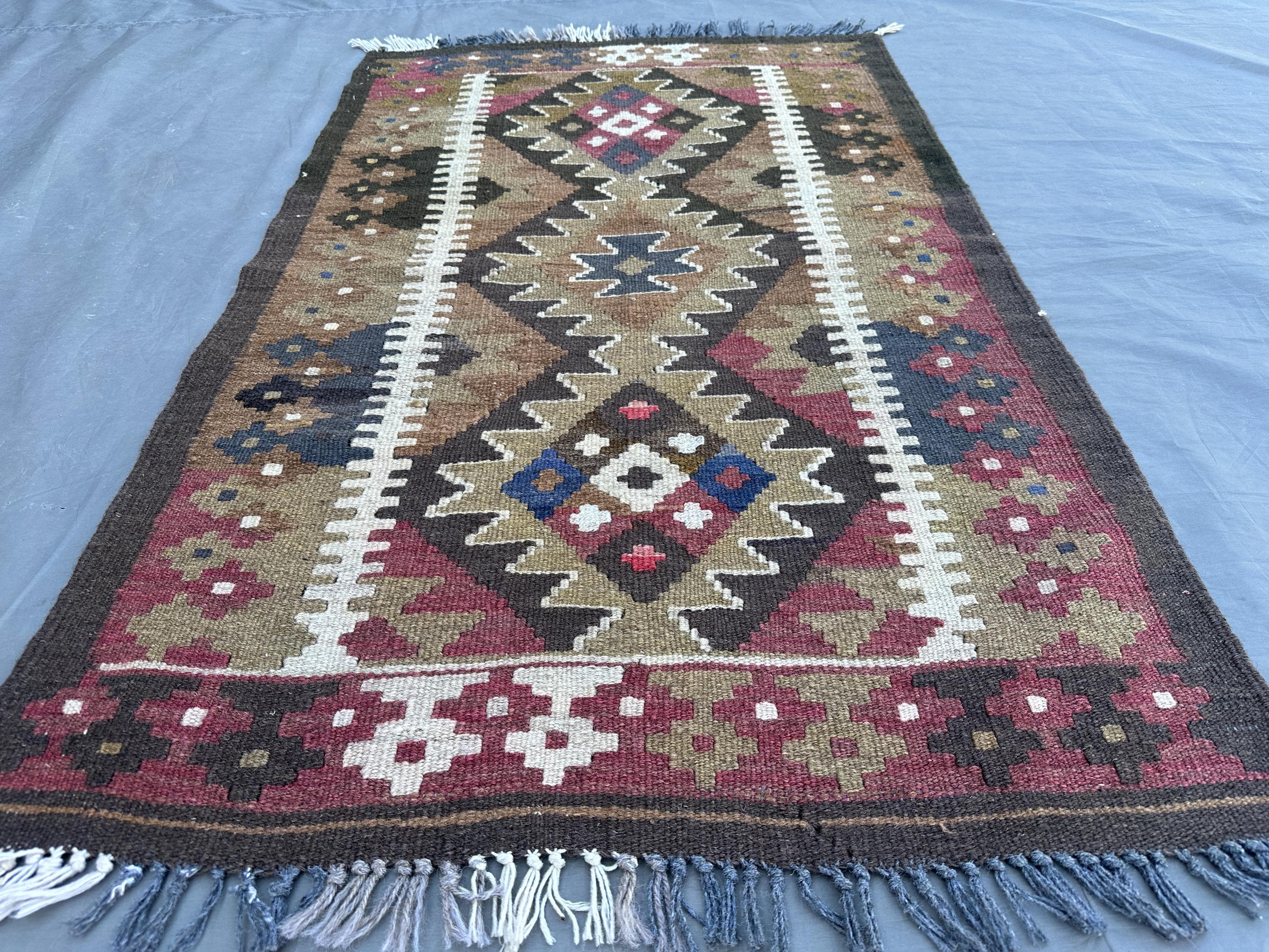 3x4 Antique Afghan Kilim Rug, Tribal Turkmen Colorful Geometric, Faded Flat Weave Turkish Style, Kids Room Rug