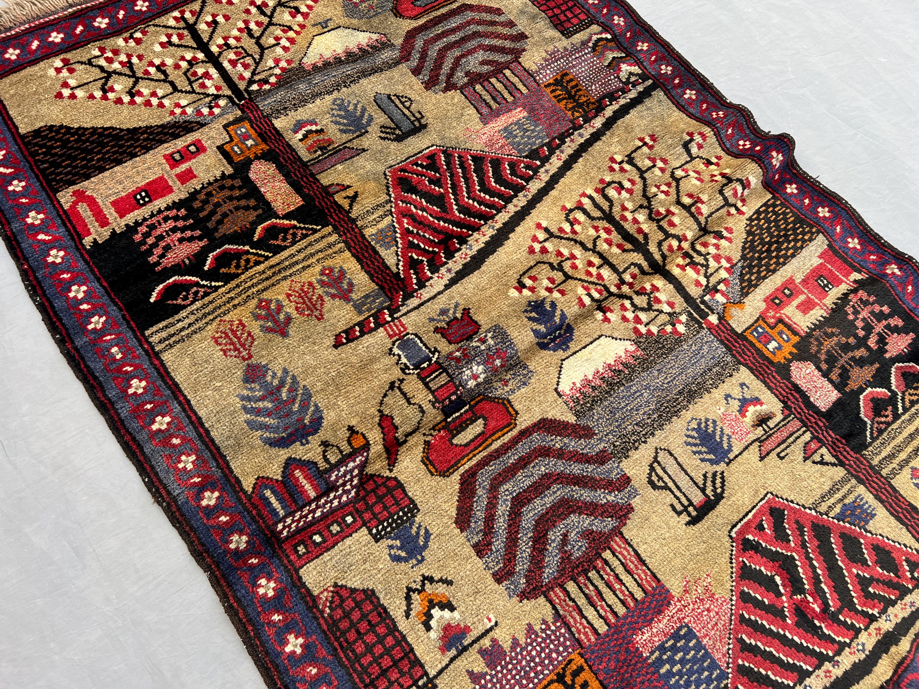 3 x 4'3 ft Afghan Vintage Hand Knotted Pictorial Rug Tribal Wool Carpet Unique Village Scene Oriental Art Area Rug Collectible Rug Decor