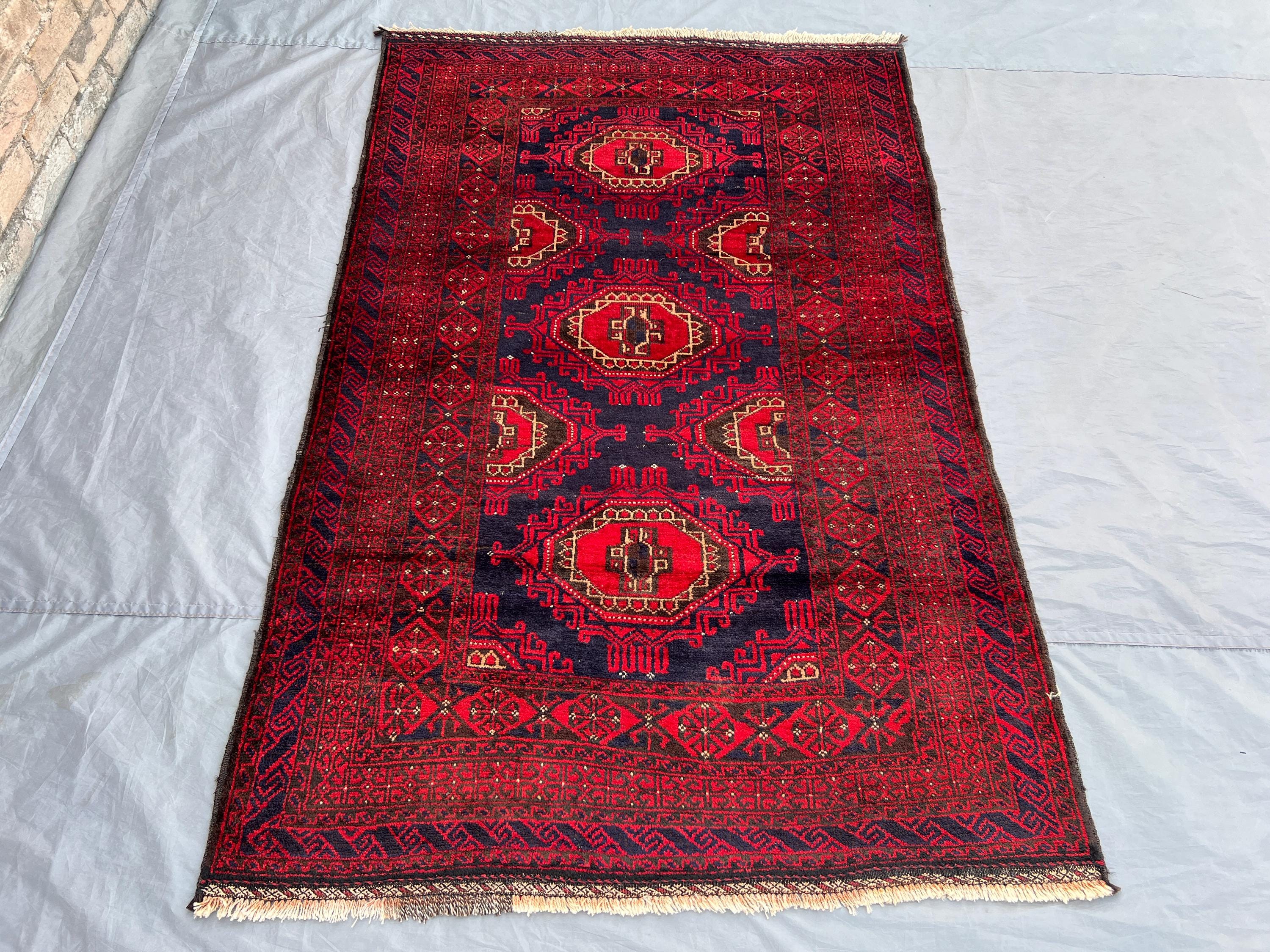 Antique Turkmen Ersari Rug 4x6 | Hand-Knotted Afghan Wool Tribal Rug | Red Navy Oriental Rug | Vintage Boho No