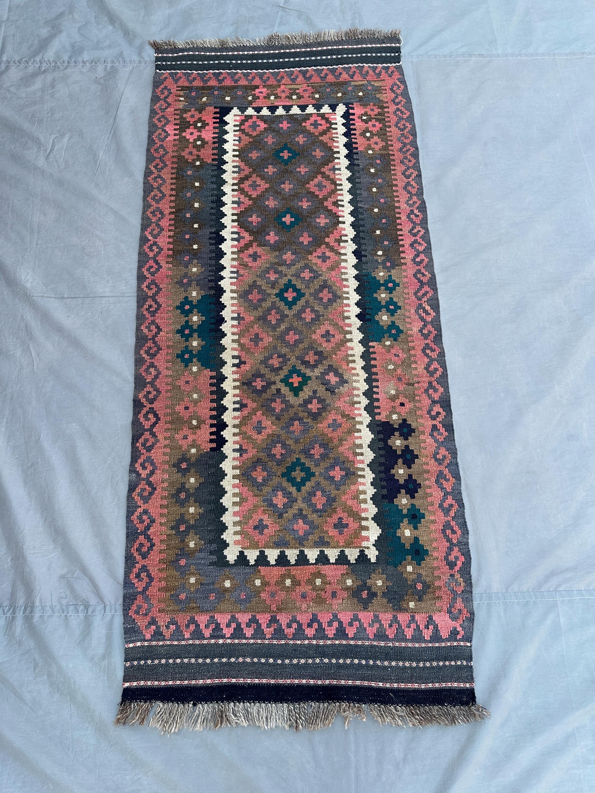 Vintage Afghan Flat-Weave Kilim Ru, 2'4x5'6 ft Handmade Wool Carpet, Faded Turkmen Tribal Geometric Rug Terracotta Turkish-Style Kitchen Rug