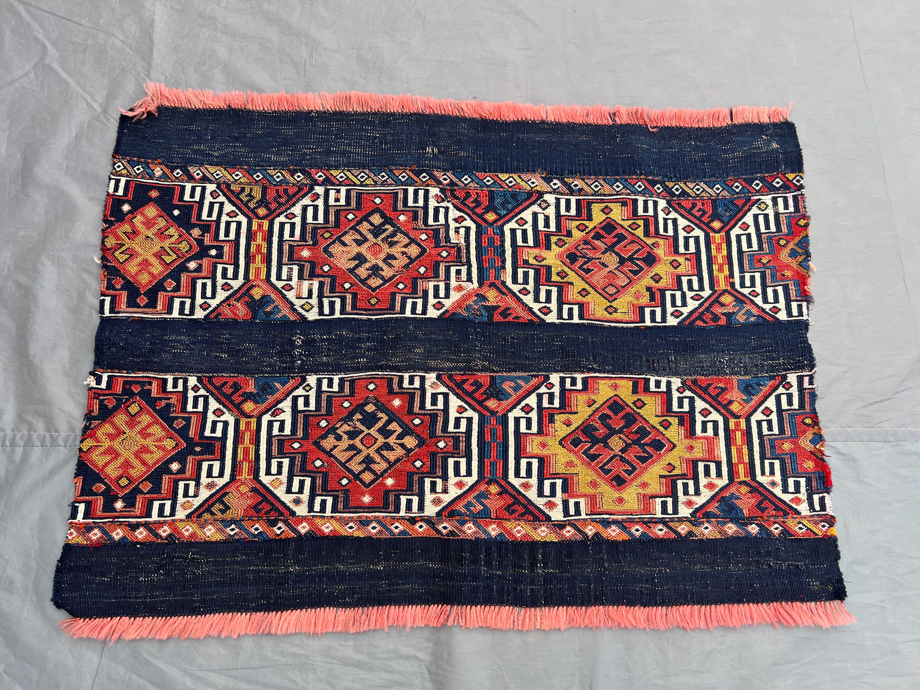 2.2x3.1 ft Afghan Baluchi Antique Flat Weave Handmade Wool Rug - Geometric Red, Blue & Yellow Design with Pink