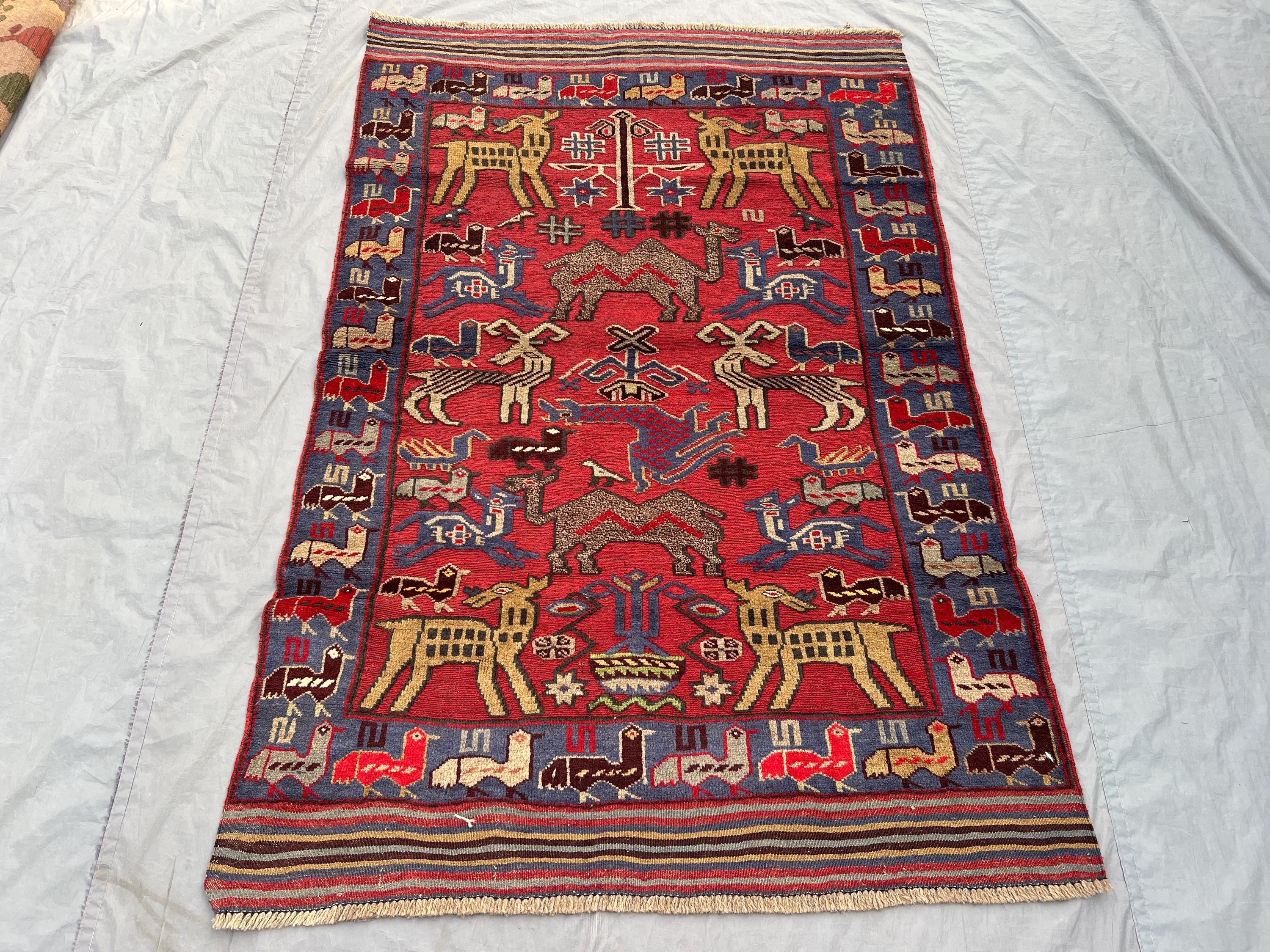 4'1 x 6'1 Ft Vintage Afghan Baluchi Bird Print Tribal Area Rug Handcrafted Wool Soft Pile One Of A Kind Home Decor Living Room, Bedroom