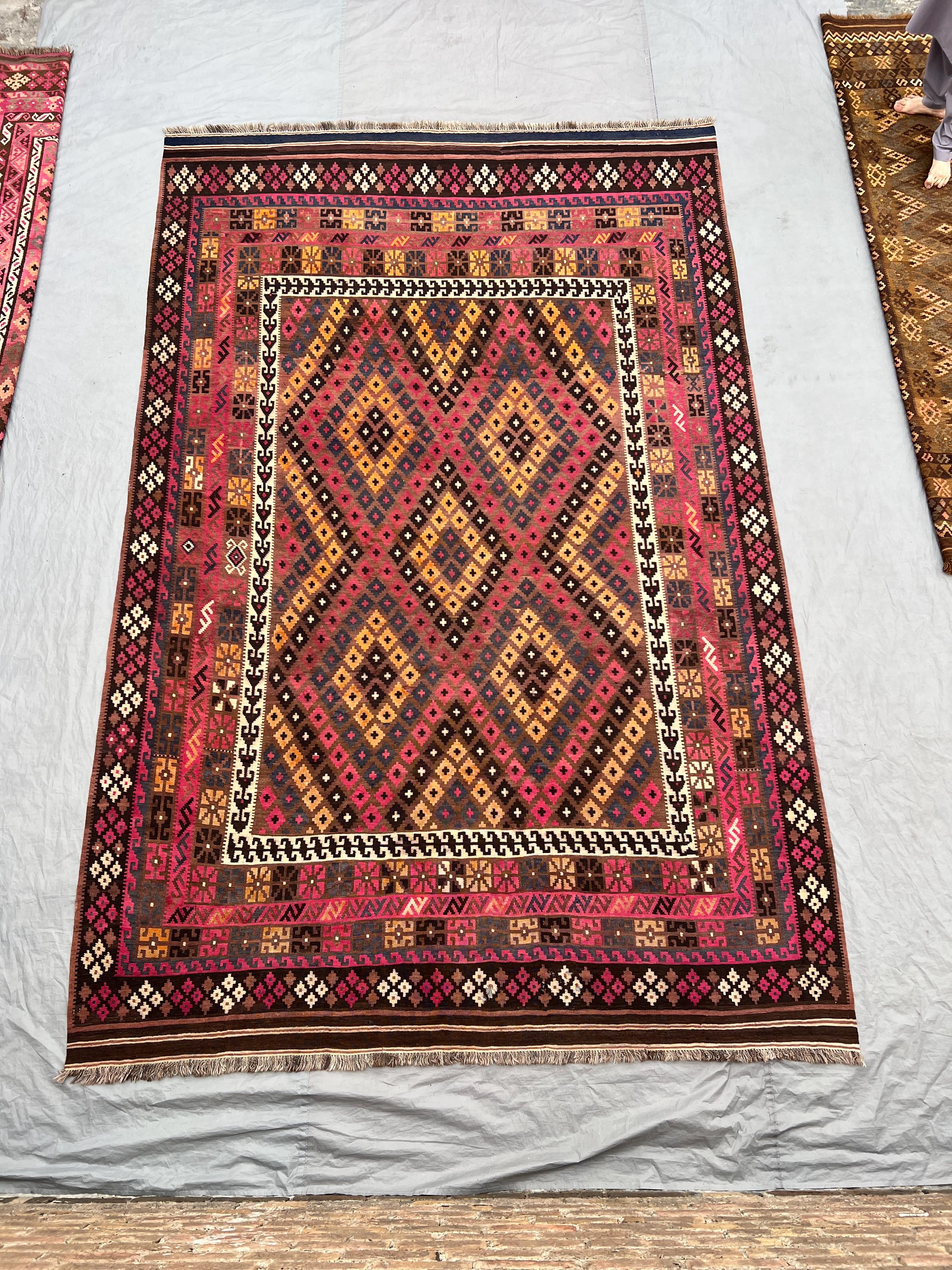 8'4x13'10 Antique Afghan Kilim Rug, Oversized Flatweave Rug, Faded Pink, Brown, Beige, Grey, Handwoven Tribal