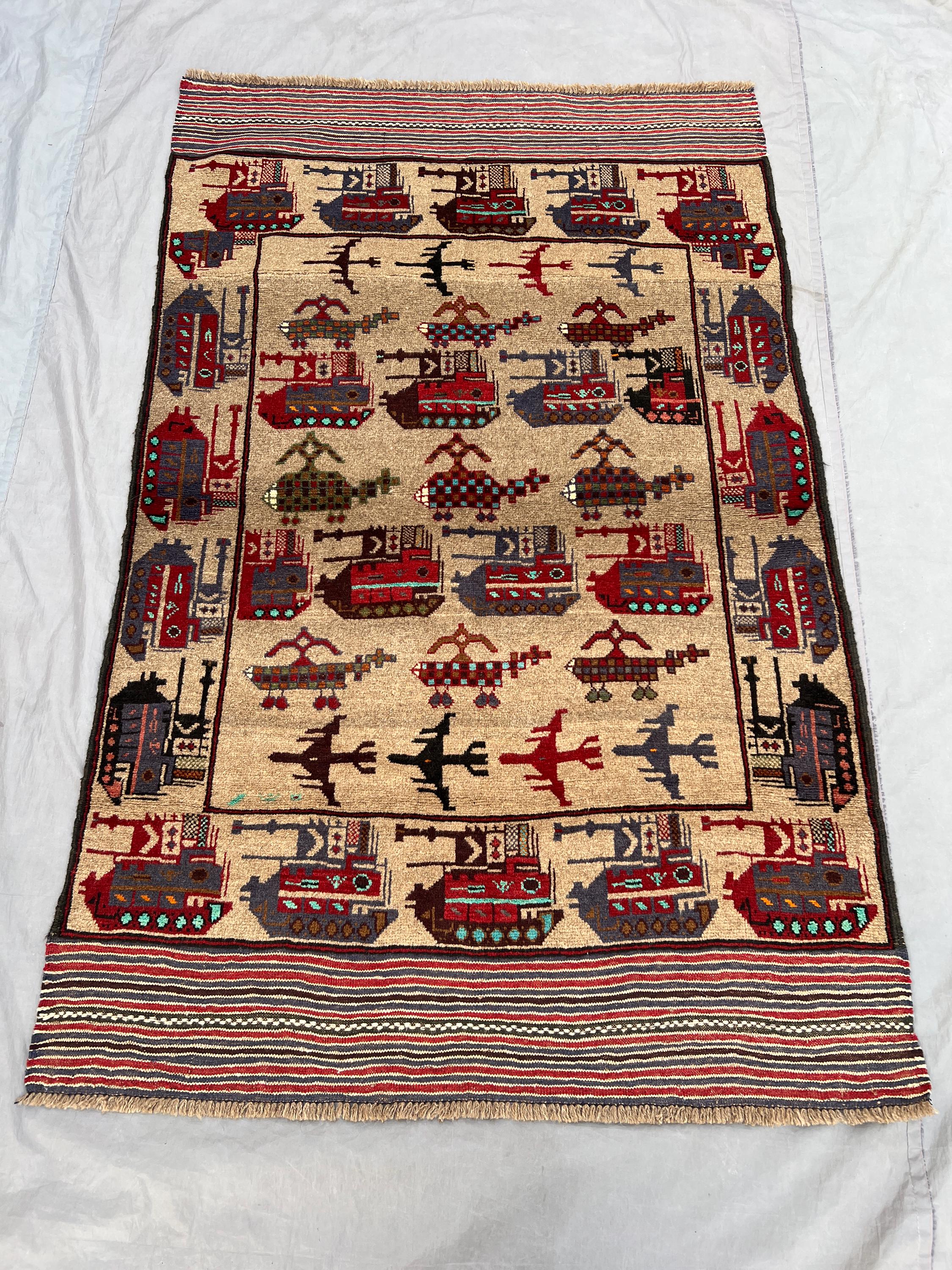 Red 4'1 x 5'11 Ft Afghan War Rug Vintage Hand Knotted Tribal Area Rug Military Tank Design Distressed Wool Rug