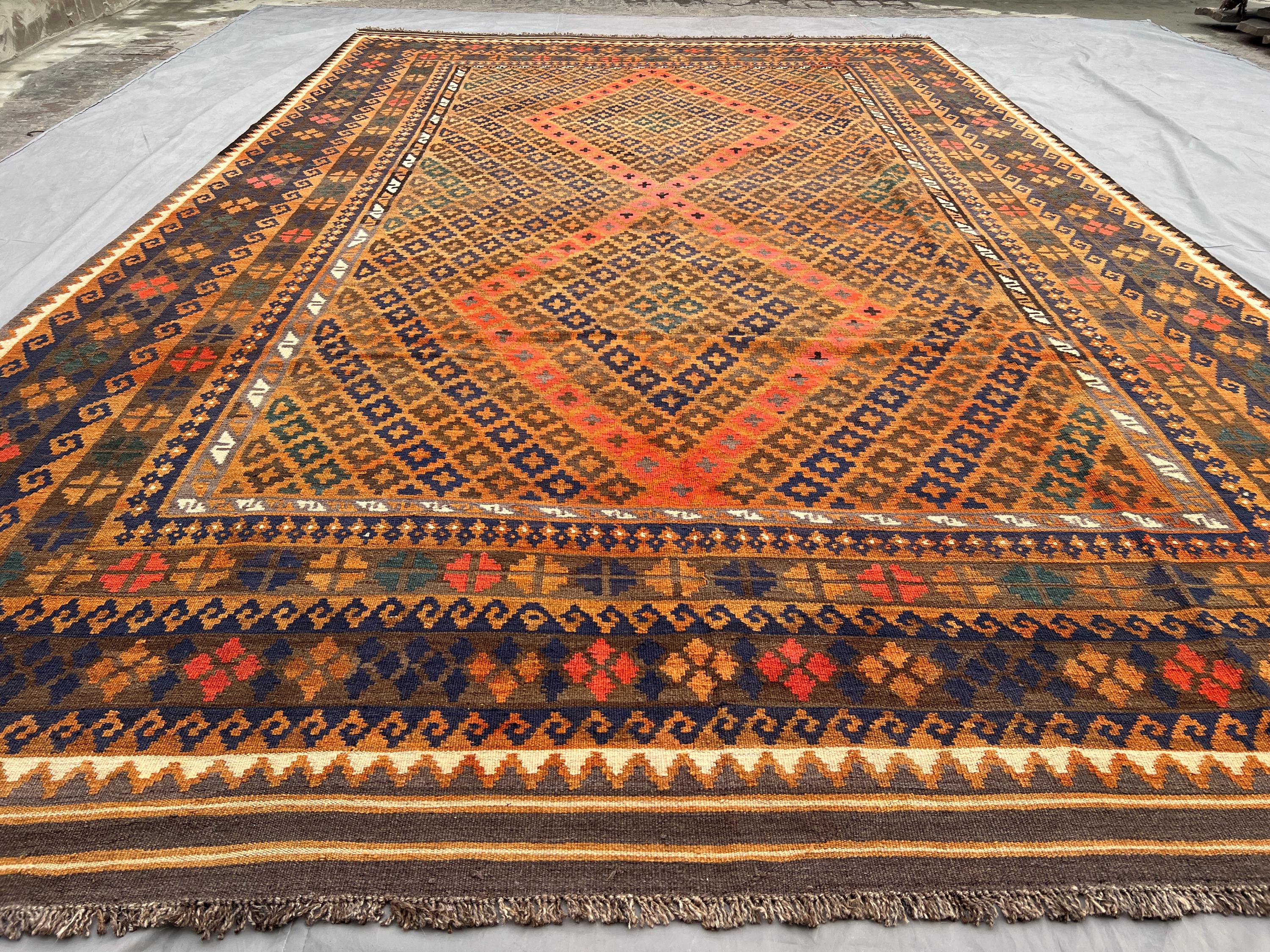 8x14 Antique Turkmen Kilim Rug Handmade Wool Rug Geometric Tribal Pattern Vintage Carpet Large Area Rug Afghan Traditional Flat Weave Rug