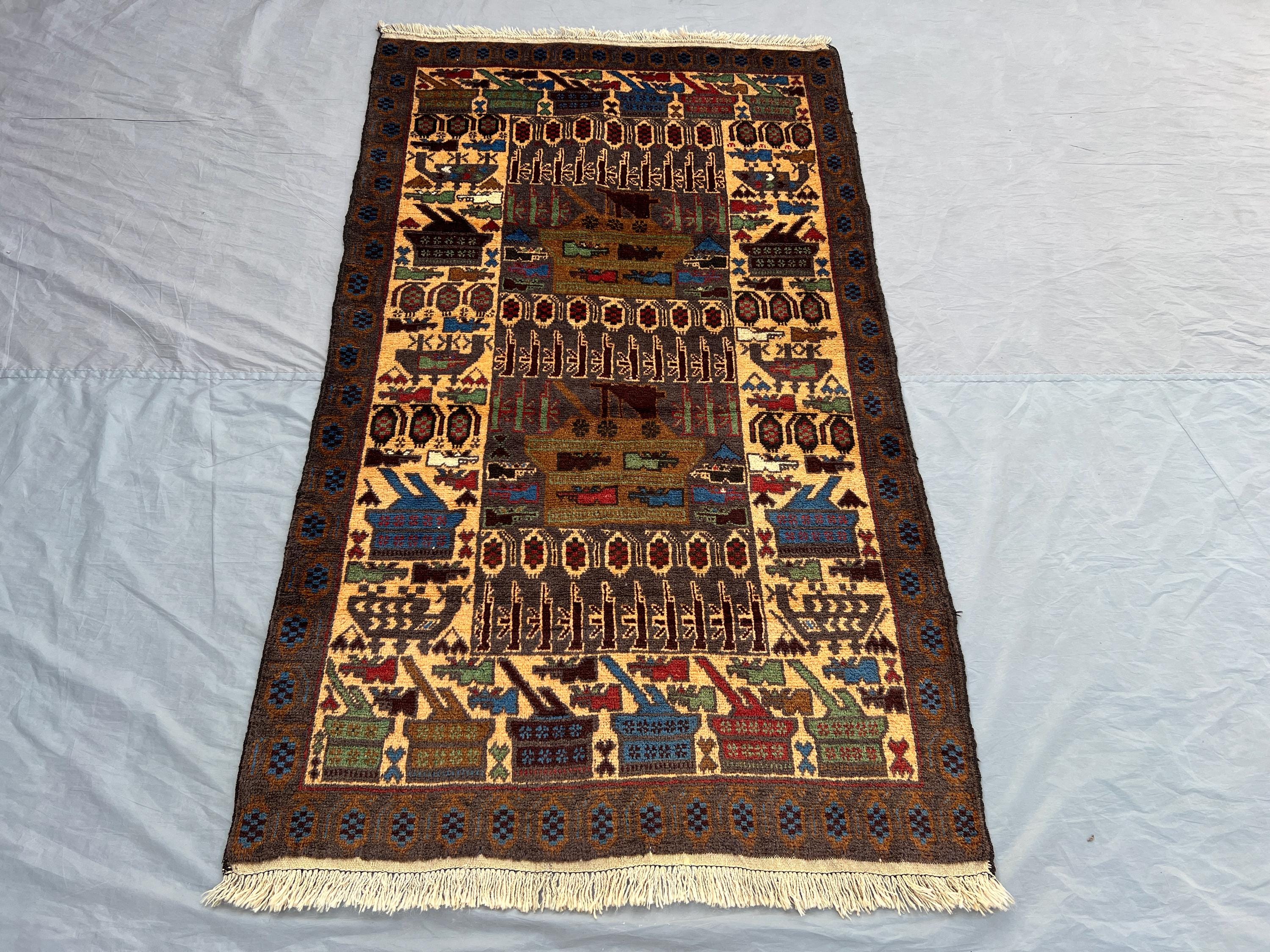 4x7 Afghan War Rug | Antique Baluch Tribal Wool Rug | Rare Pictorial Rug | Handmade Vintage Decor | Collectibl