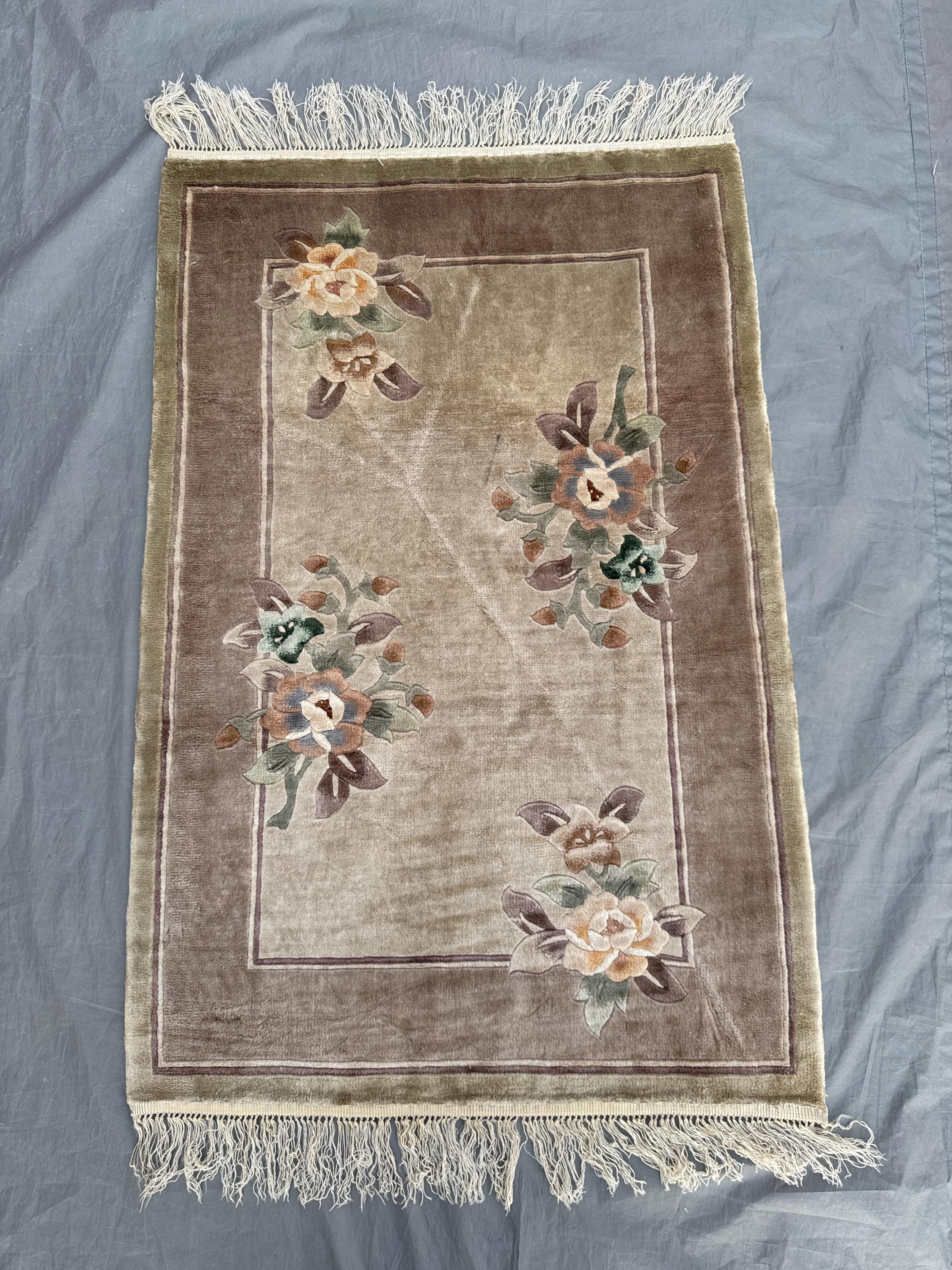 Brown 2x3 Ft Vintage Moroccan Area Rug Hand Knotted Silk Floral Design Small Area Rug, Entryway Accent Rug, Bedside rug, Vanity accent