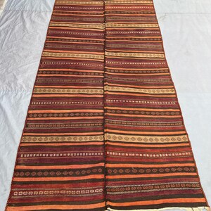 4'9x11 Vintage Afgański Płaski Tkany Wełniany Kilim Podwójny Panel Ziemisty Pomarańczowy Rdzawobrązowy Paski Geometryczny Tribal Boho Dywan Do Przedpokoju Salonu