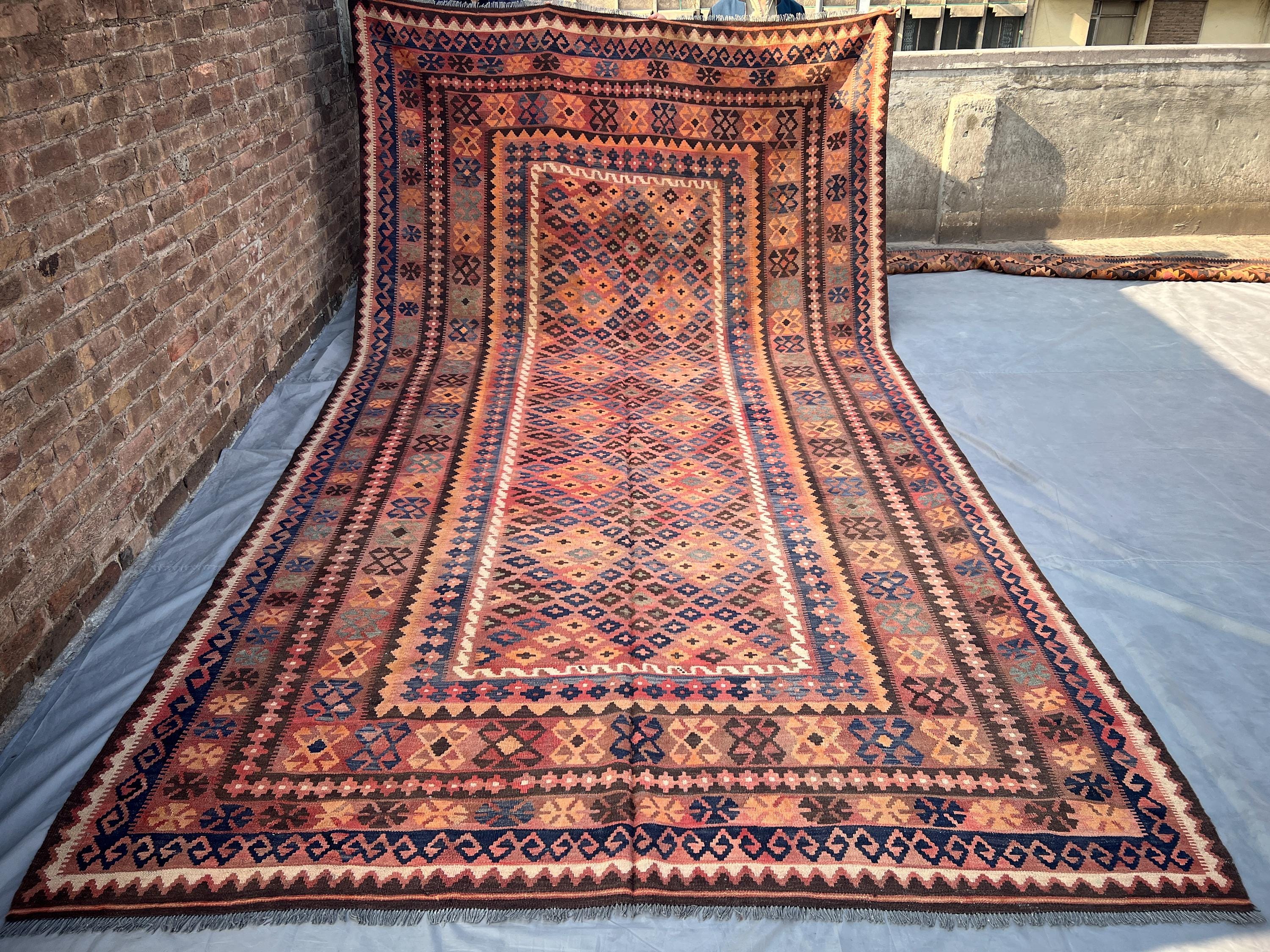 8x15 Antique Afghan Kilim Rug, Tribal Flat Weave Geometric Wool Rug, Vintage Turkmen Rug Oversized Rug, Palace Area Rug, Turkish Style Kilim