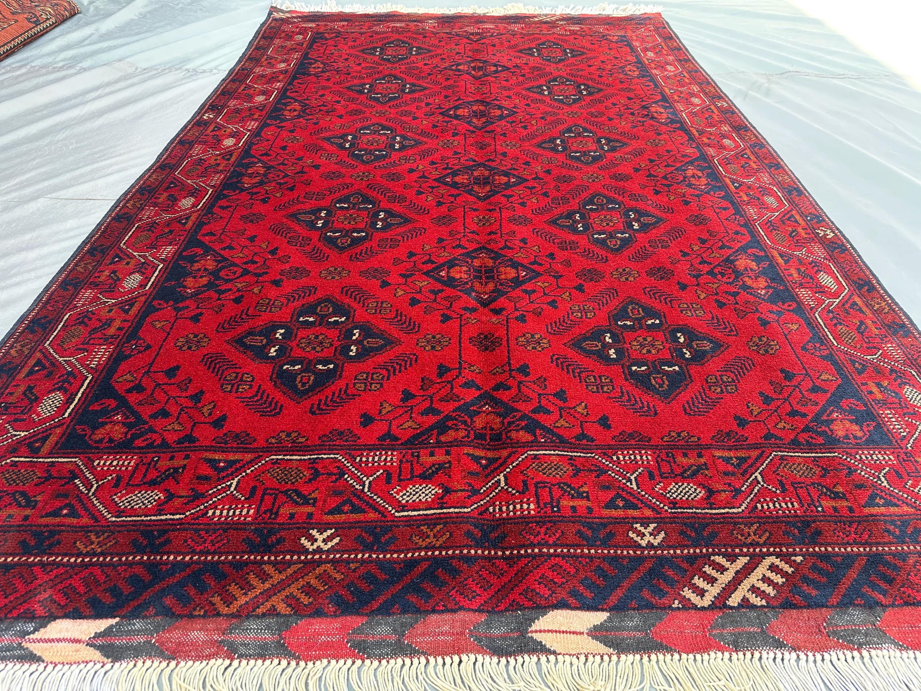 Afghan Turkoman Tribal Rug 4'3x7 ft Handmade Bukhara Carpet | Khal Mohammadi Geometric Wool Rug | Traditional