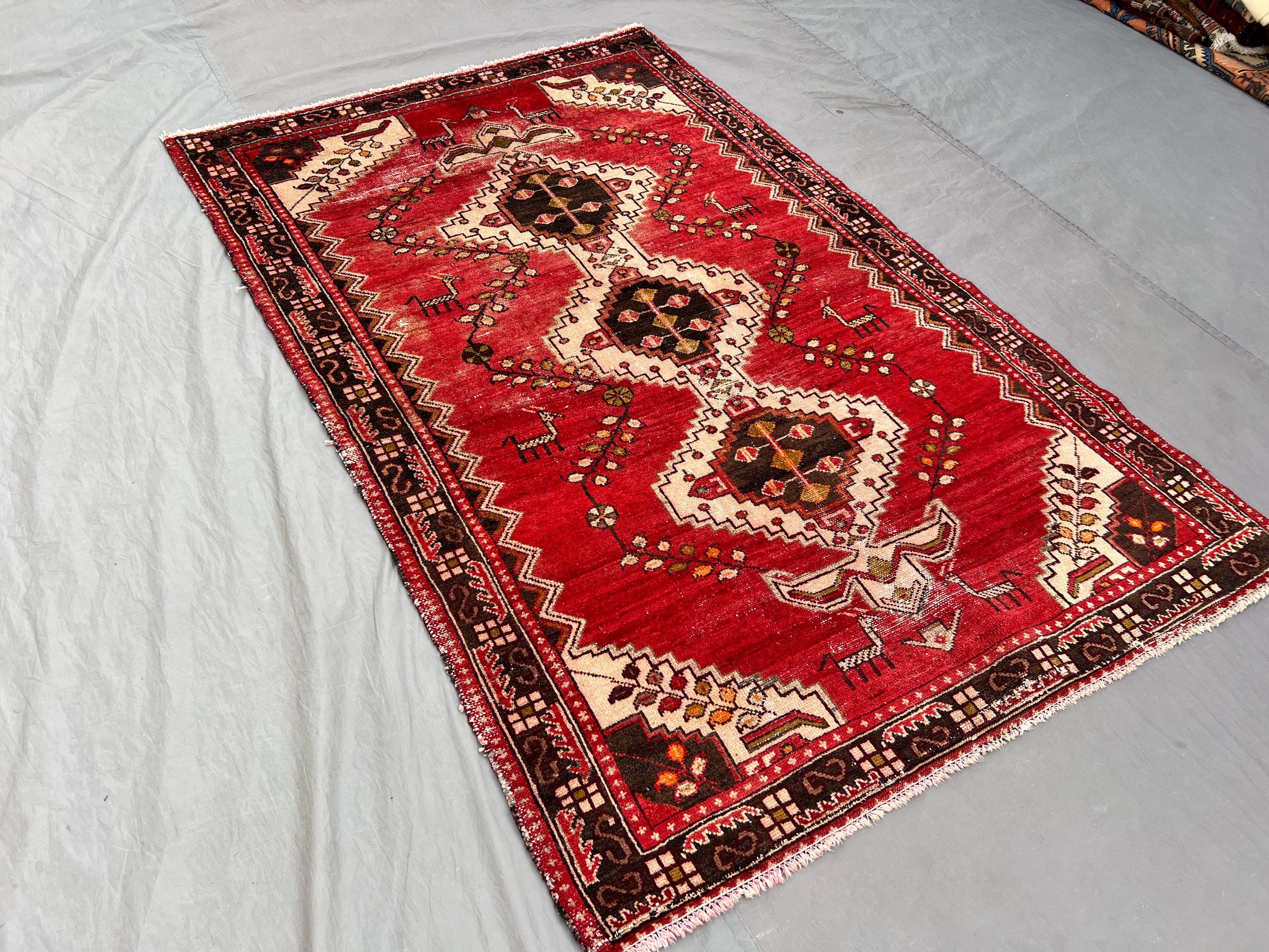 Vintage Turkish Caucasian Rug 4x6, Hand Knotted Red Wool Area Rug, Geometric Medallion Tribal Carpet, Boho Bed