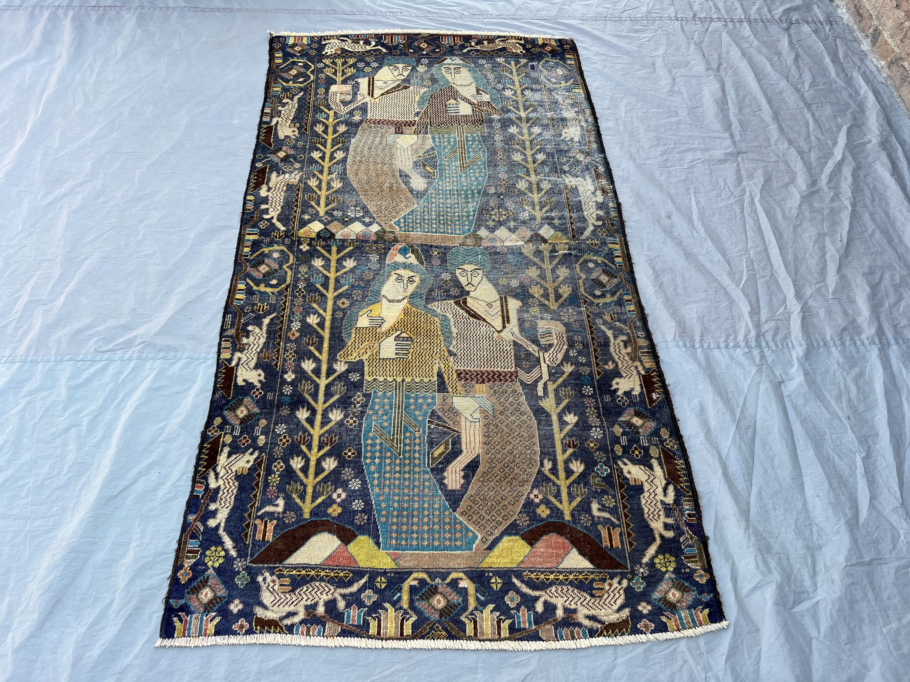 3'6x6'7 ft Vintage Afghan Pictorial Figurative Rug | Large Courtly Figures Garden Scene Hand Knotted | Royal Blue Gold Ivory | Art Rug