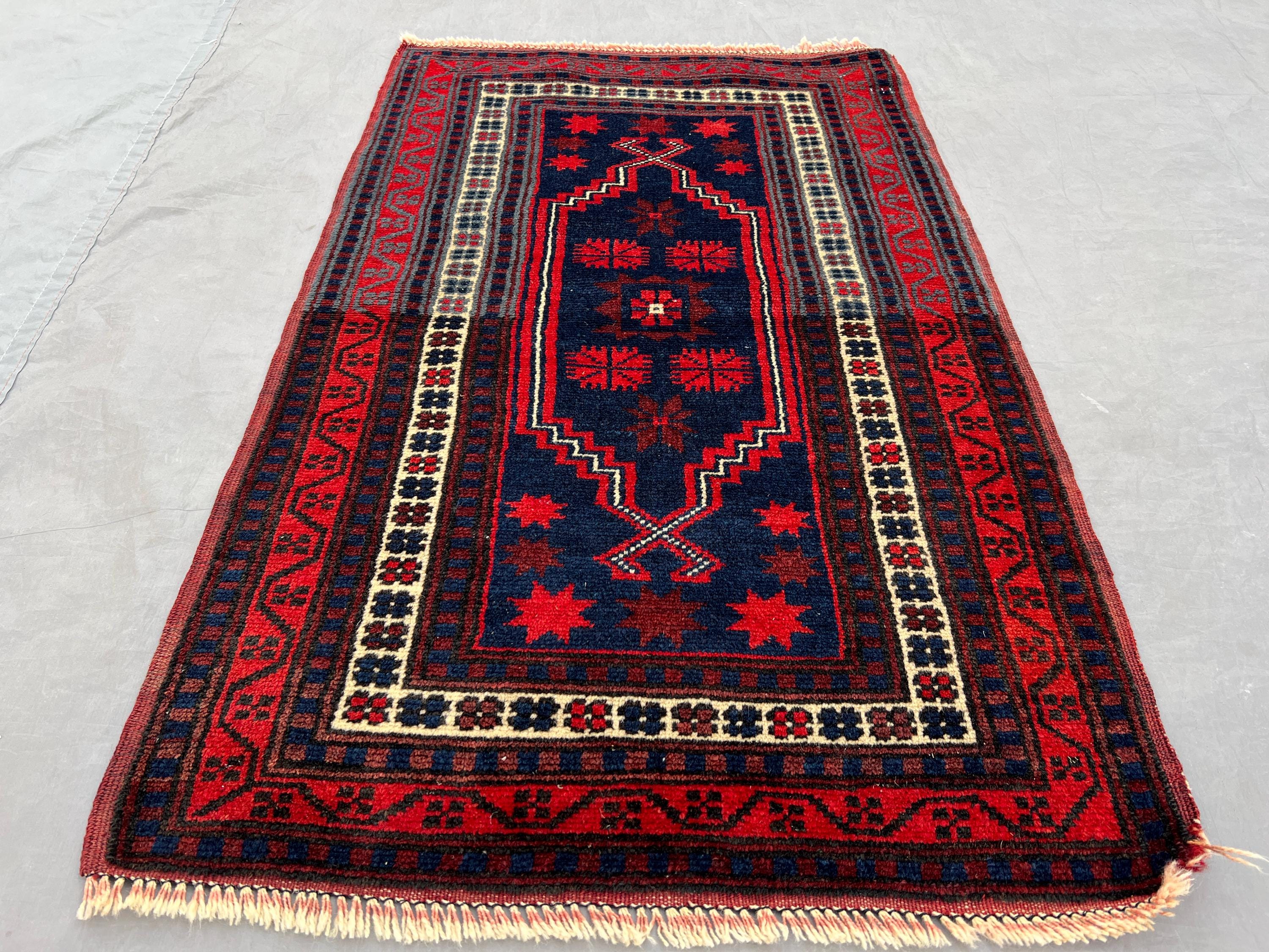 Vintage Turkish Accent Rug 2x3, Hand Knotted Navy Red Wool Rug, Small Geometric Tribal Mat, Boho Entryway Kitc