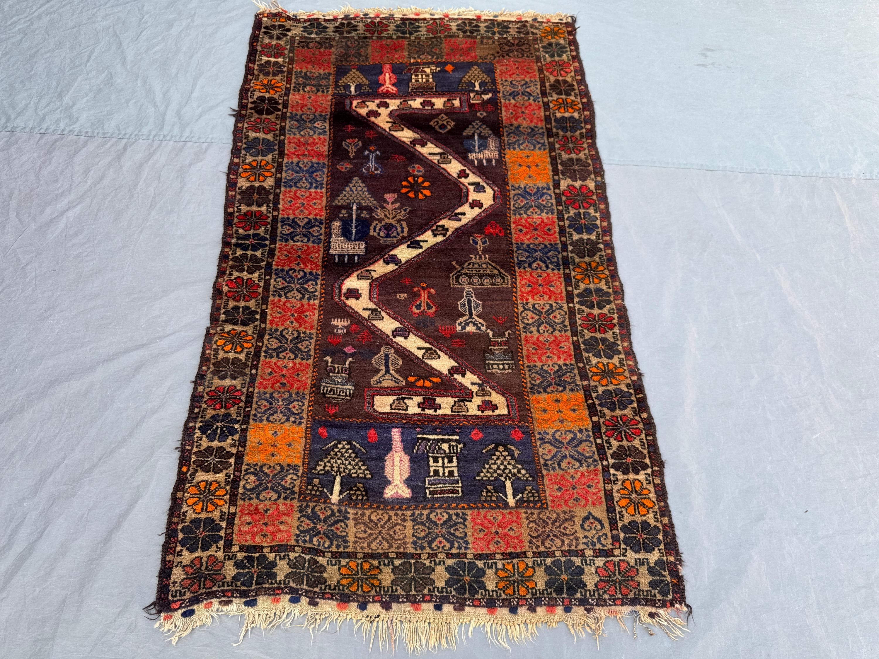 Brown 3'7 x 6'3 ft Afghan Hand Knotted Vintage Rug, Pictorial Tribal Design, Area Rug for Living Room Bedroom Hallway, Wall Hanging